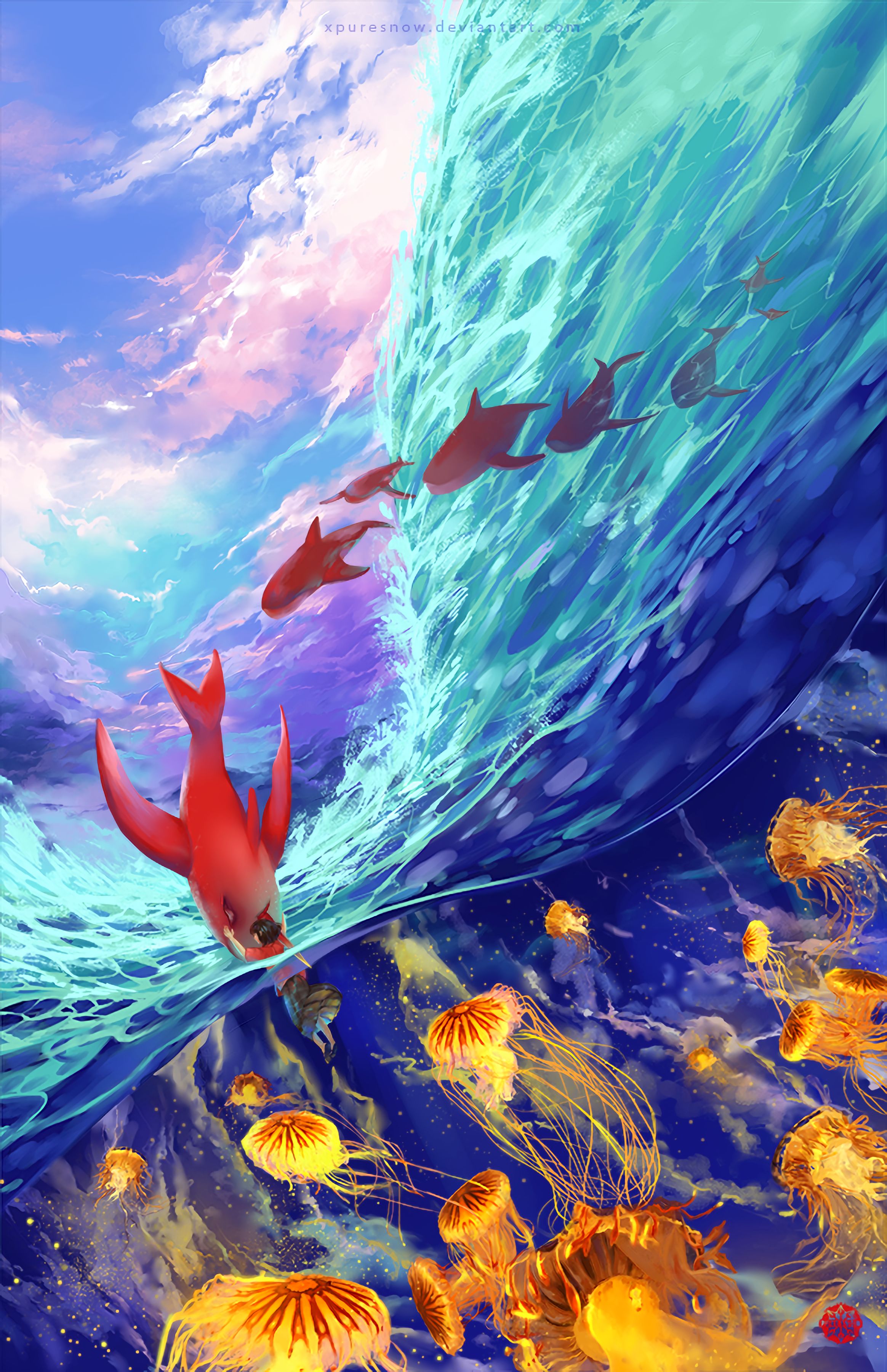 Laden Sie das Kunst, Waves, Jellyfish, Fische, Ozean, Unterwasserwelt-Bild kostenlos auf Ihren PC-Desktop herunter