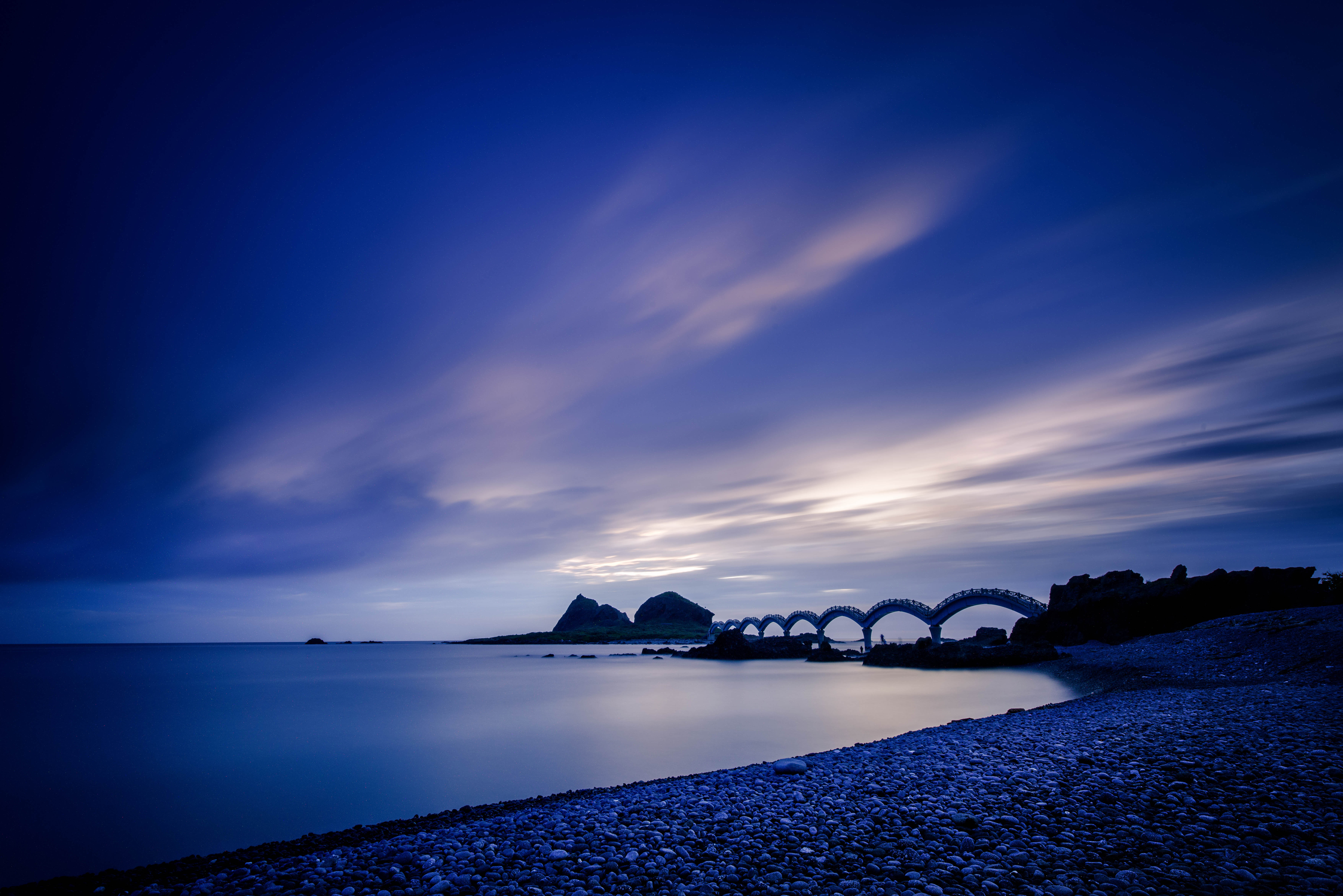 evening, nature, sunset, stones, sea, bank, shore, bridge