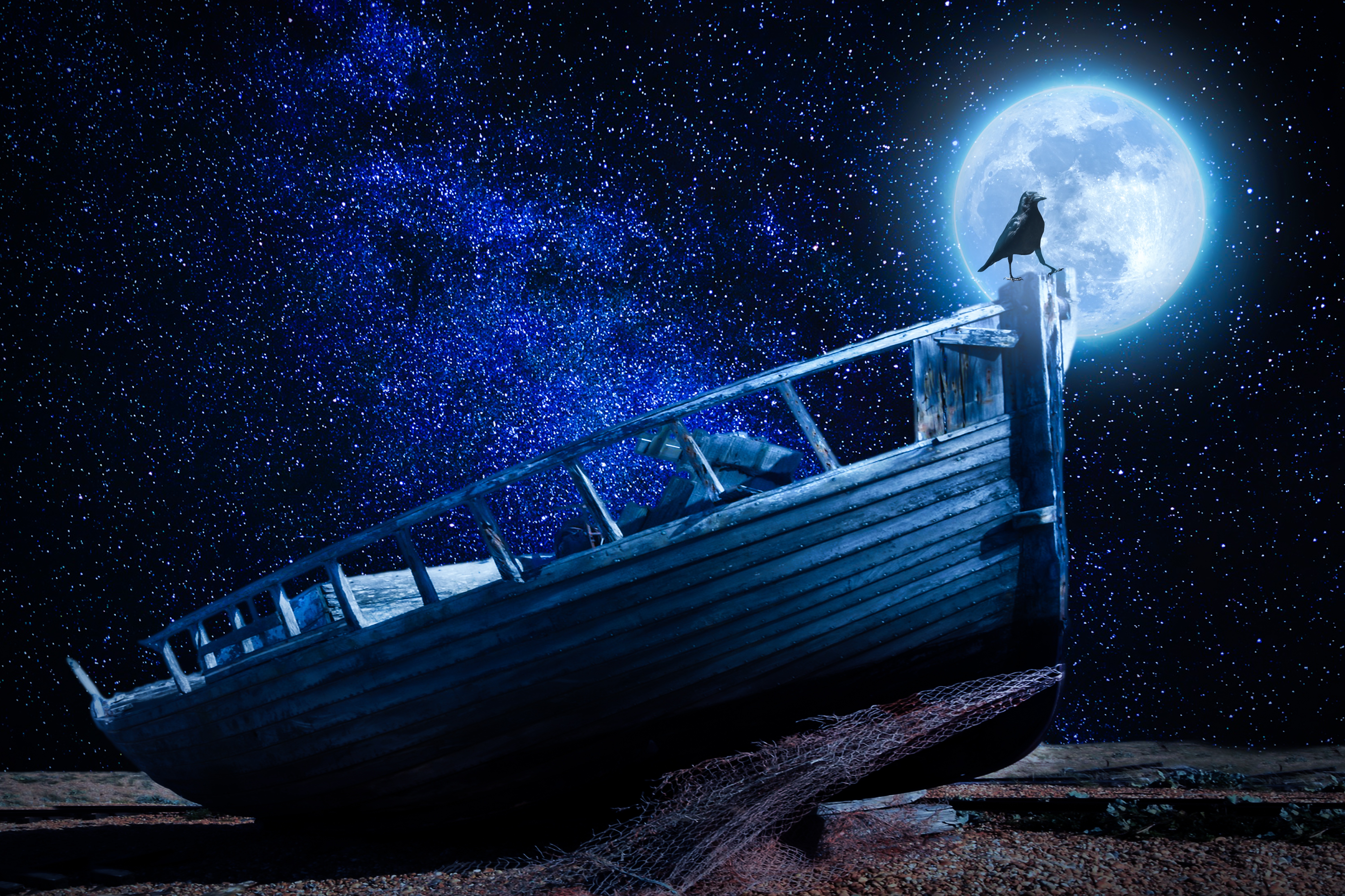 Laden Sie das Kiesel, Mond, Dunkel, Sternenhimmel, Ein Boot, Boot, Rabe-Bild kostenlos auf Ihren PC-Desktop herunter