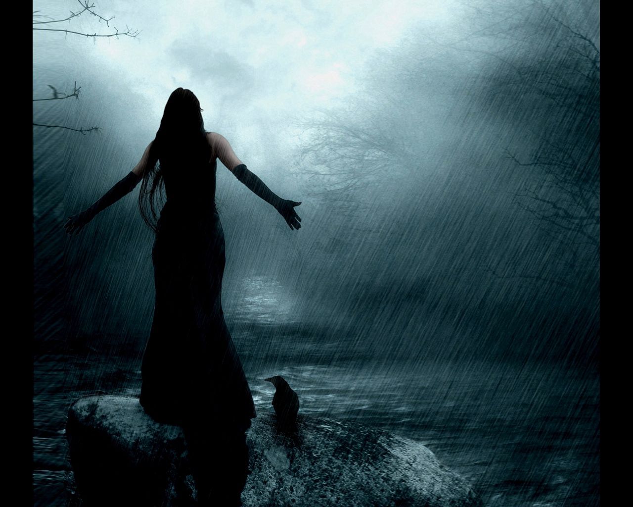 girl, rain, raven, darkness, fantasy
