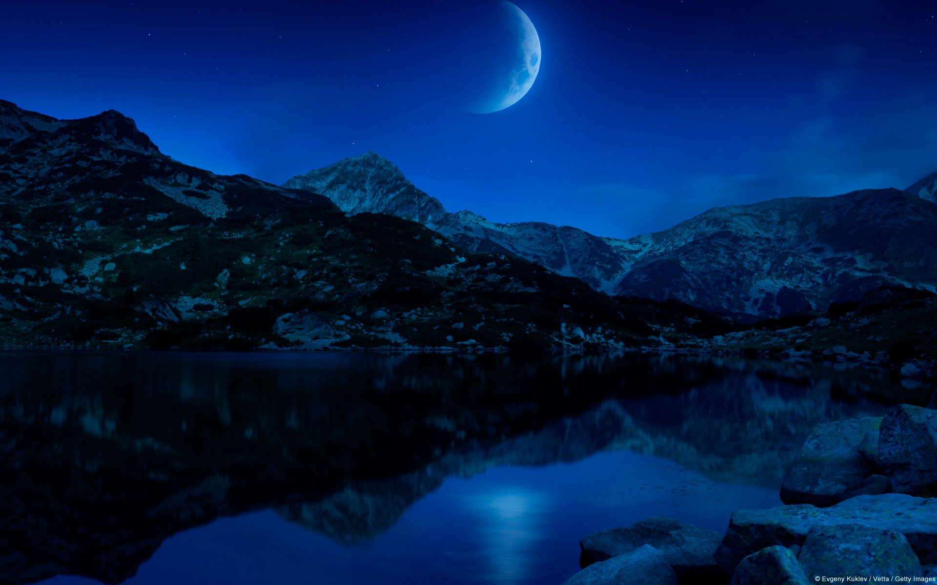 photography, scenic, crescent, fantasy, lake, moon, mountain, night, reflection, sky cellphone