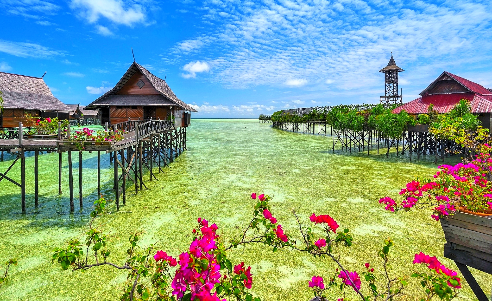 sea, tropical, hotel, resort, turquoise, bungalow, malaysia, man made, hut, ocean, horizon, flower 4K