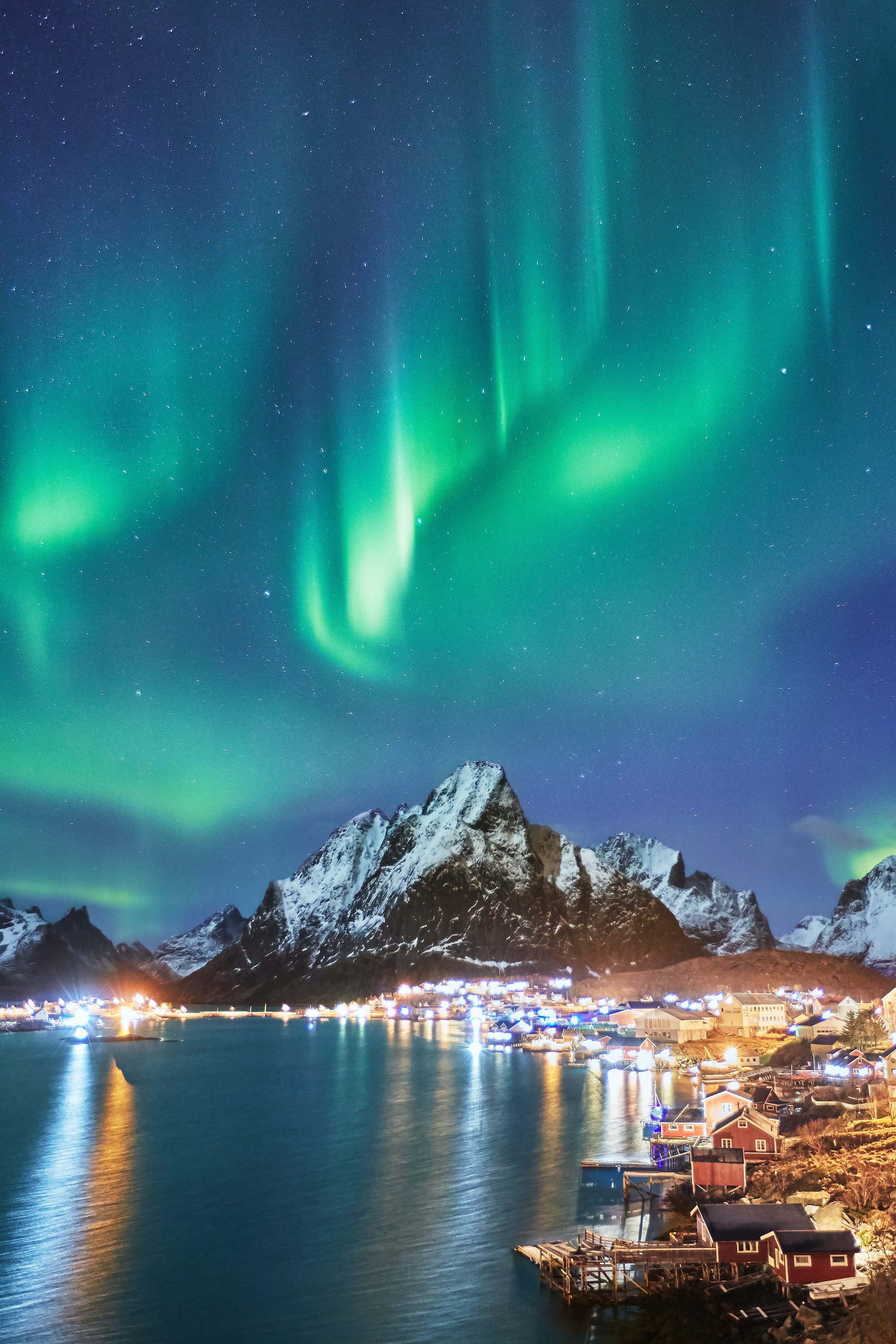 aurora borealis, northern lights, nature, houses, mountains, snow, coast, snow covered, snowbound 8K