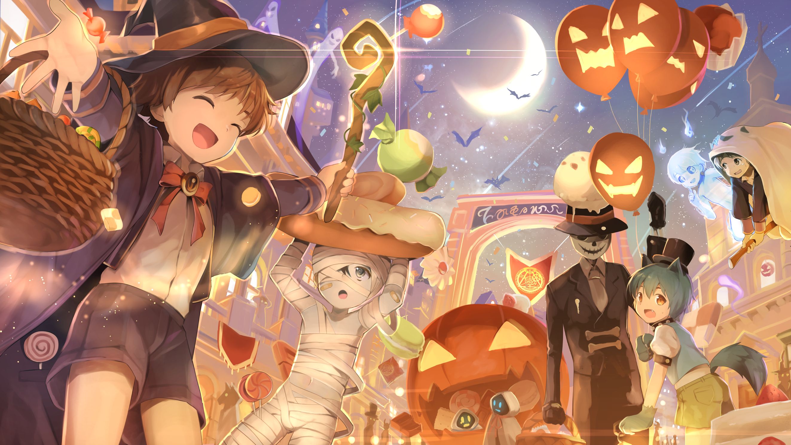 anime, halloween, bat, cute, moon, mummy, night, witch