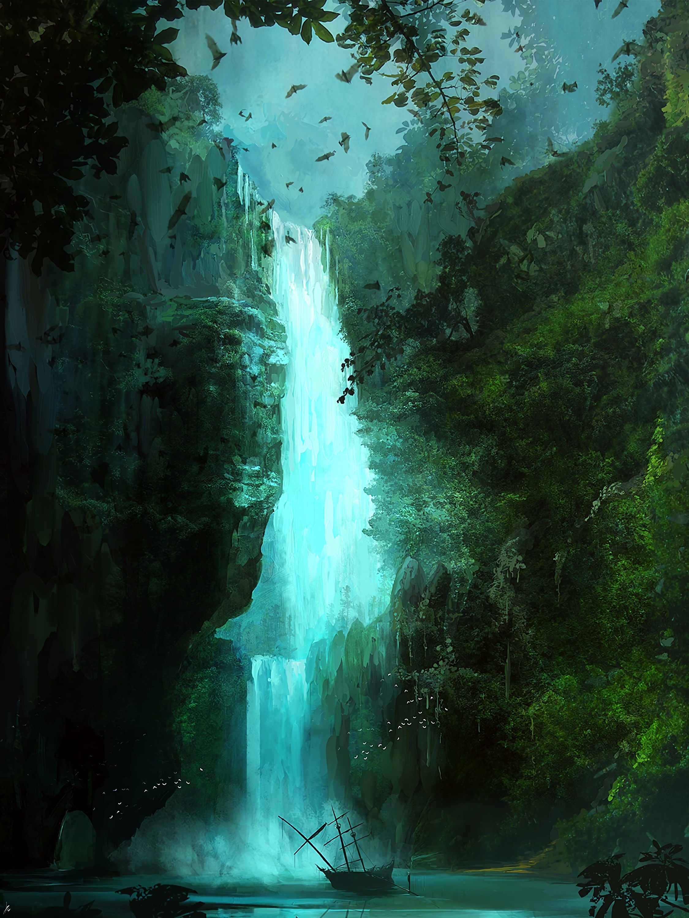 art, bats, ship, waterfall Phone Background