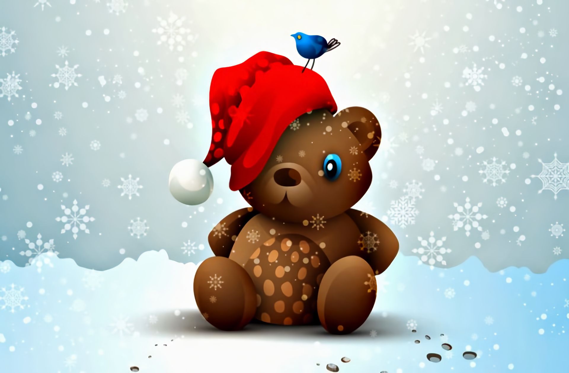 HD desktop wallpaper: Snow, Teddy Bear, Bird, Christmas, Holiday,  Snowflake, Santa Hat download free picture #874407
