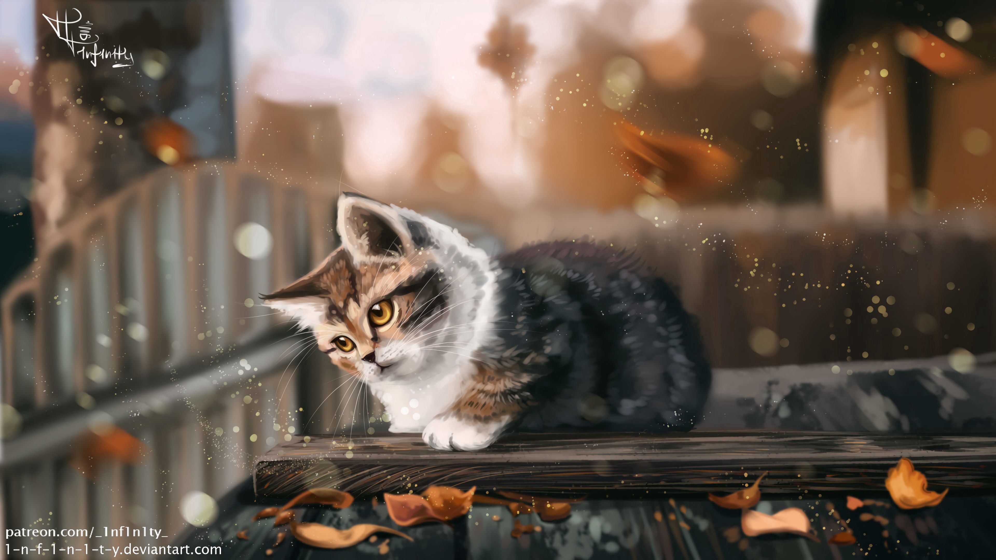 Download mobile wallpaper Art, Autumn, Leaves, Cat, Kitty, Kitten for free.