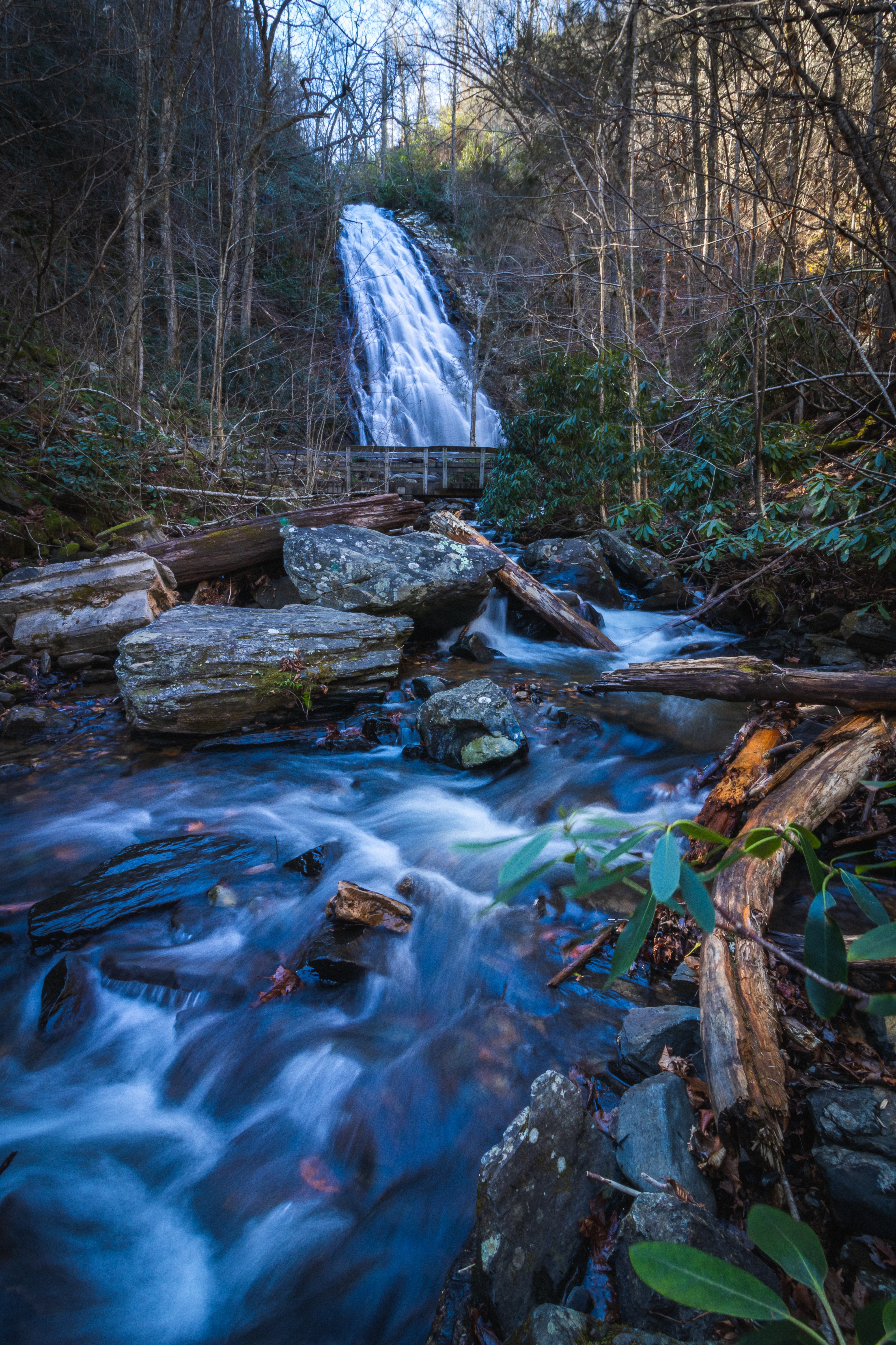 waterfall, trees, nature, rivers, stones, logs Full HD