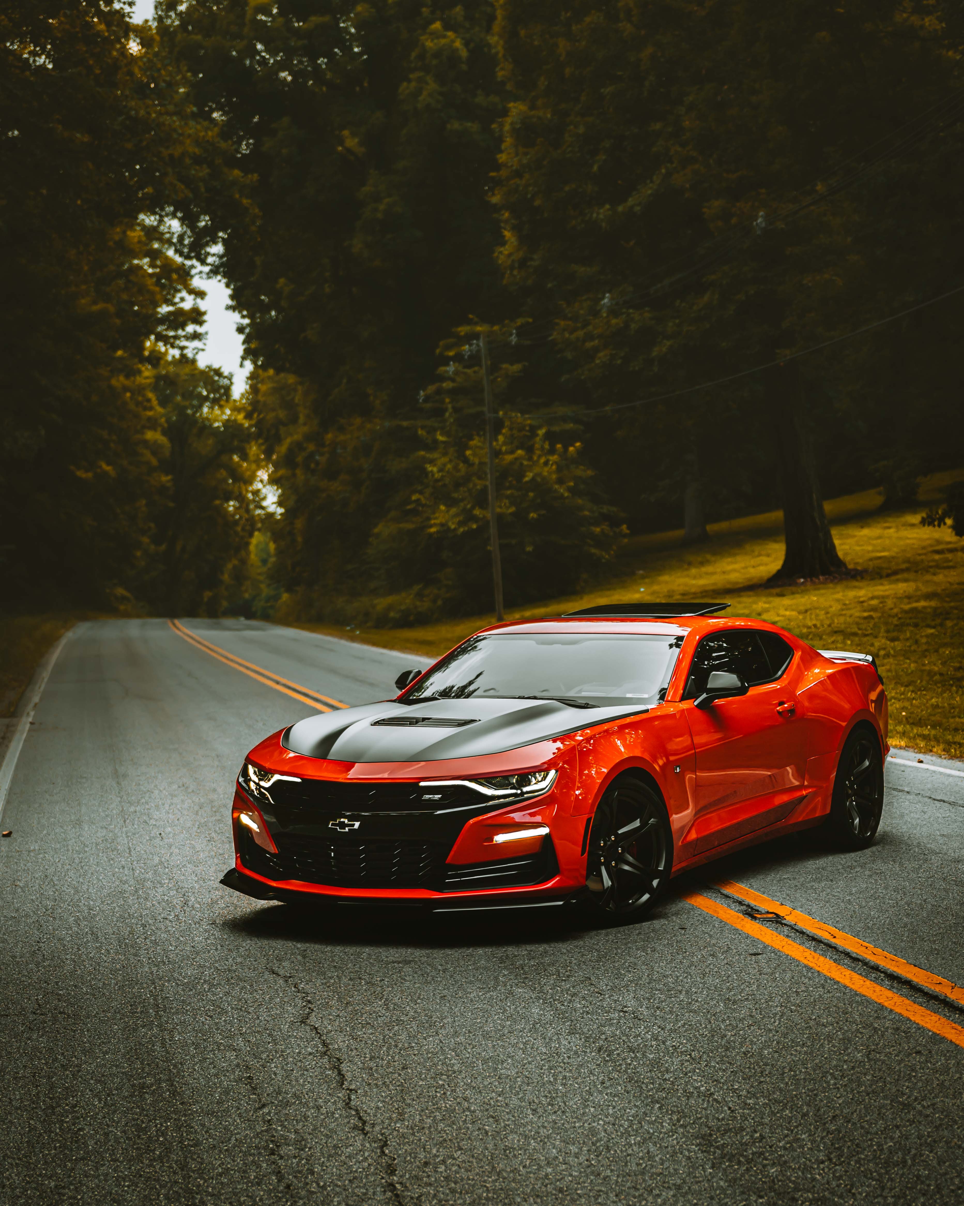 cars, chevrolet camaro, sports car, car, machine, chevrolet, sports, red, road for android