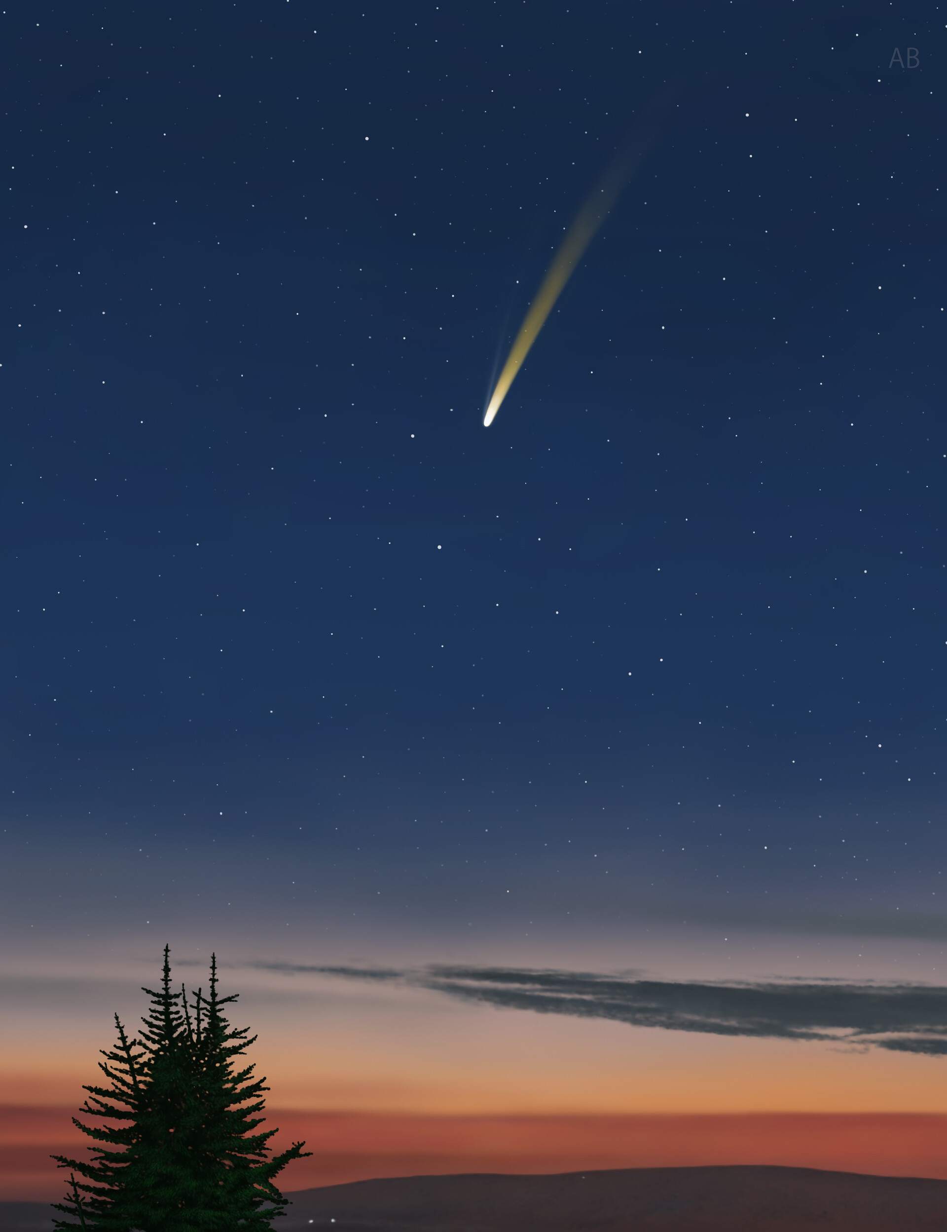 Mobile wallpaper starry sky, stars, sunset, art, spruce, fir, comet
