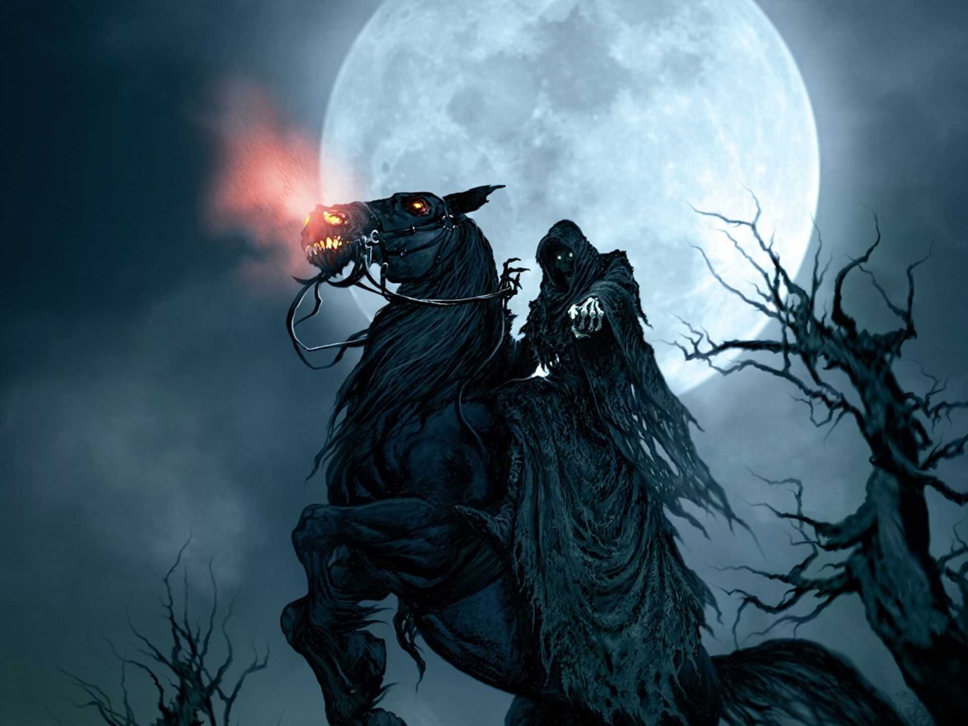 dark, fantasy, moon, grim reaper, horse 8K