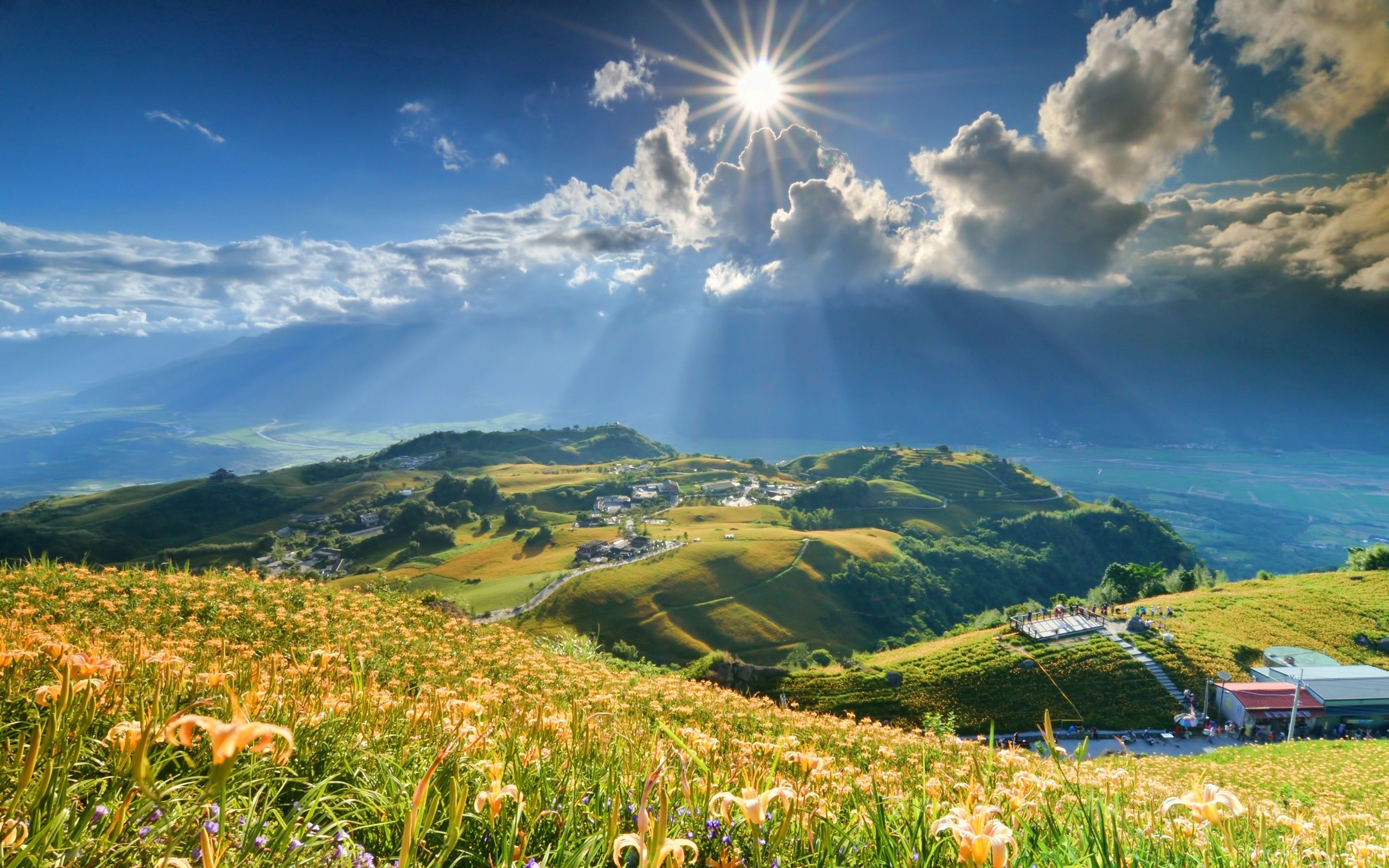 brilliance, nature, grass, sky, mountains, shine, light Smartphone Background