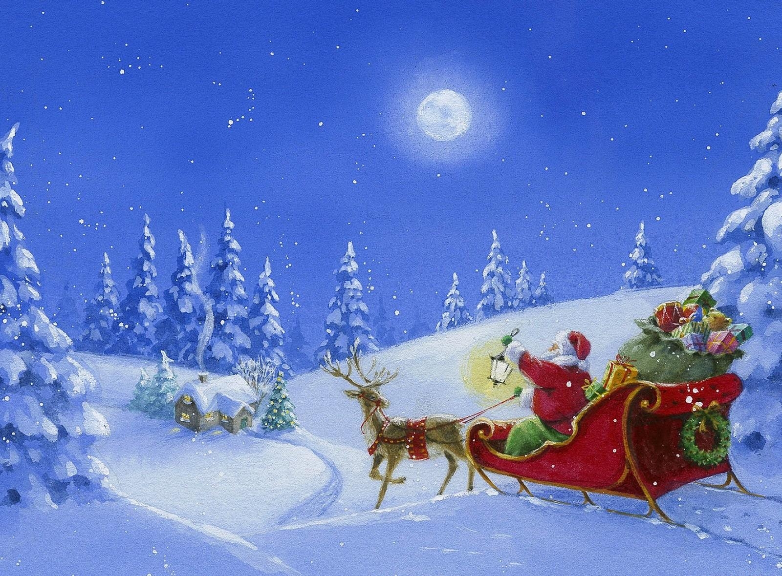Laden Sie das Feiertage, Weihnachtsmann, Übernachtung, Mond, Wald, Haus, Lampe, Laterne, Hirsch, Schlitten, Die Geschenke, Geschenke-Bild kostenlos auf Ihren PC-Desktop herunter