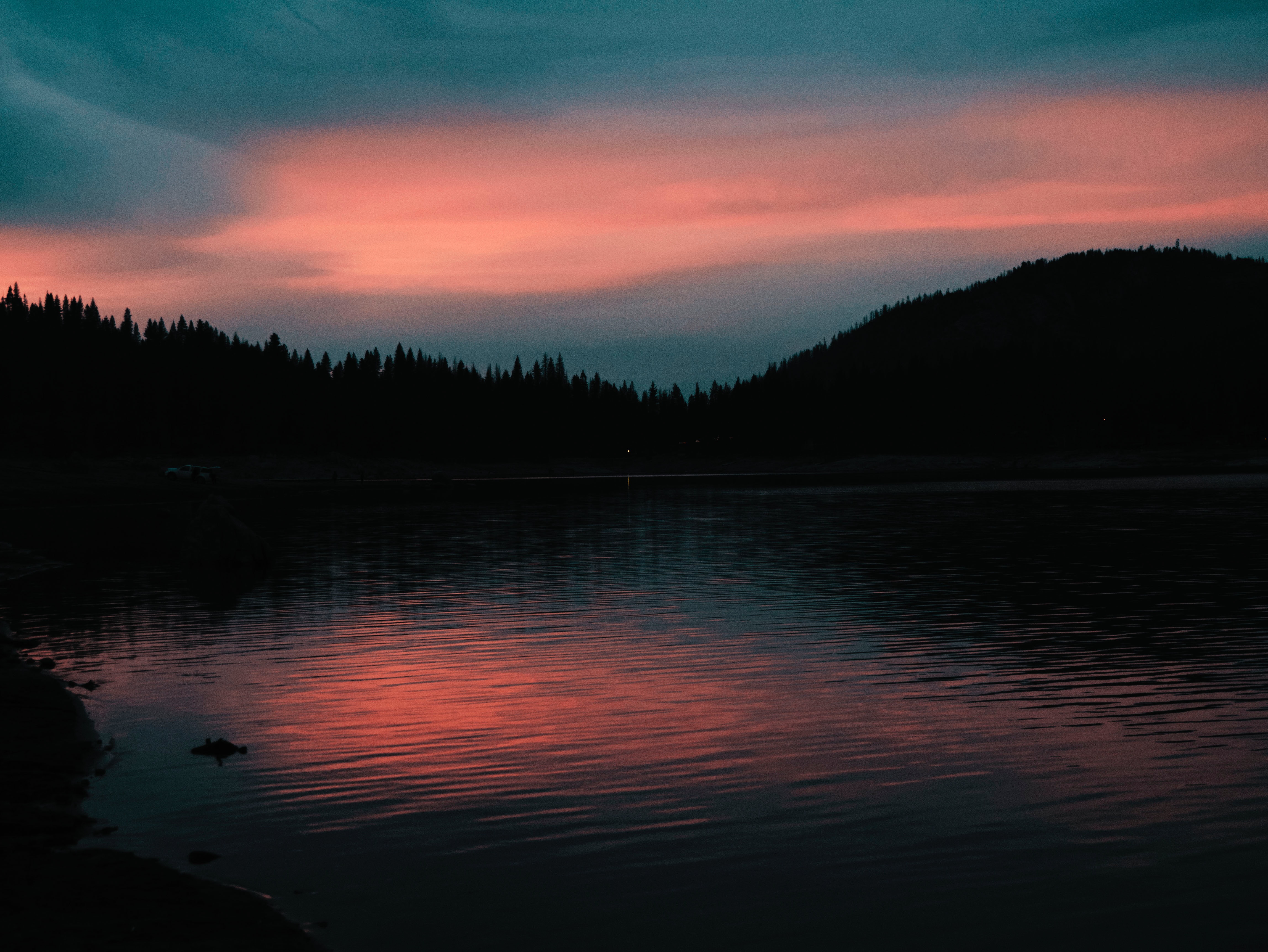 evening, trees, sunset, horizon, lake, dark HD wallpaper