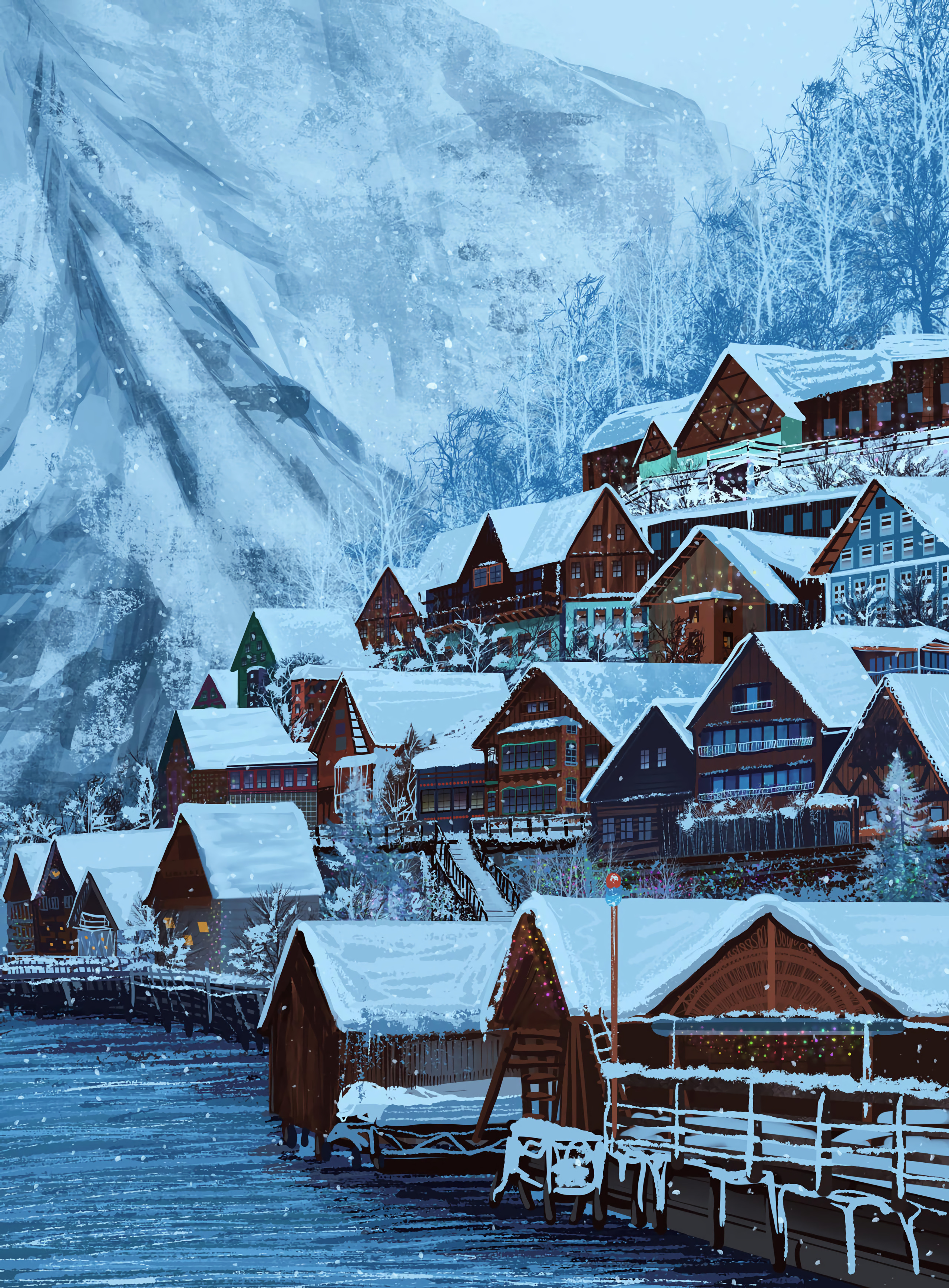 Laden Sie das Winter, Häuser, Kunst, Schnee, Dorf-Bild kostenlos auf Ihren PC-Desktop herunter