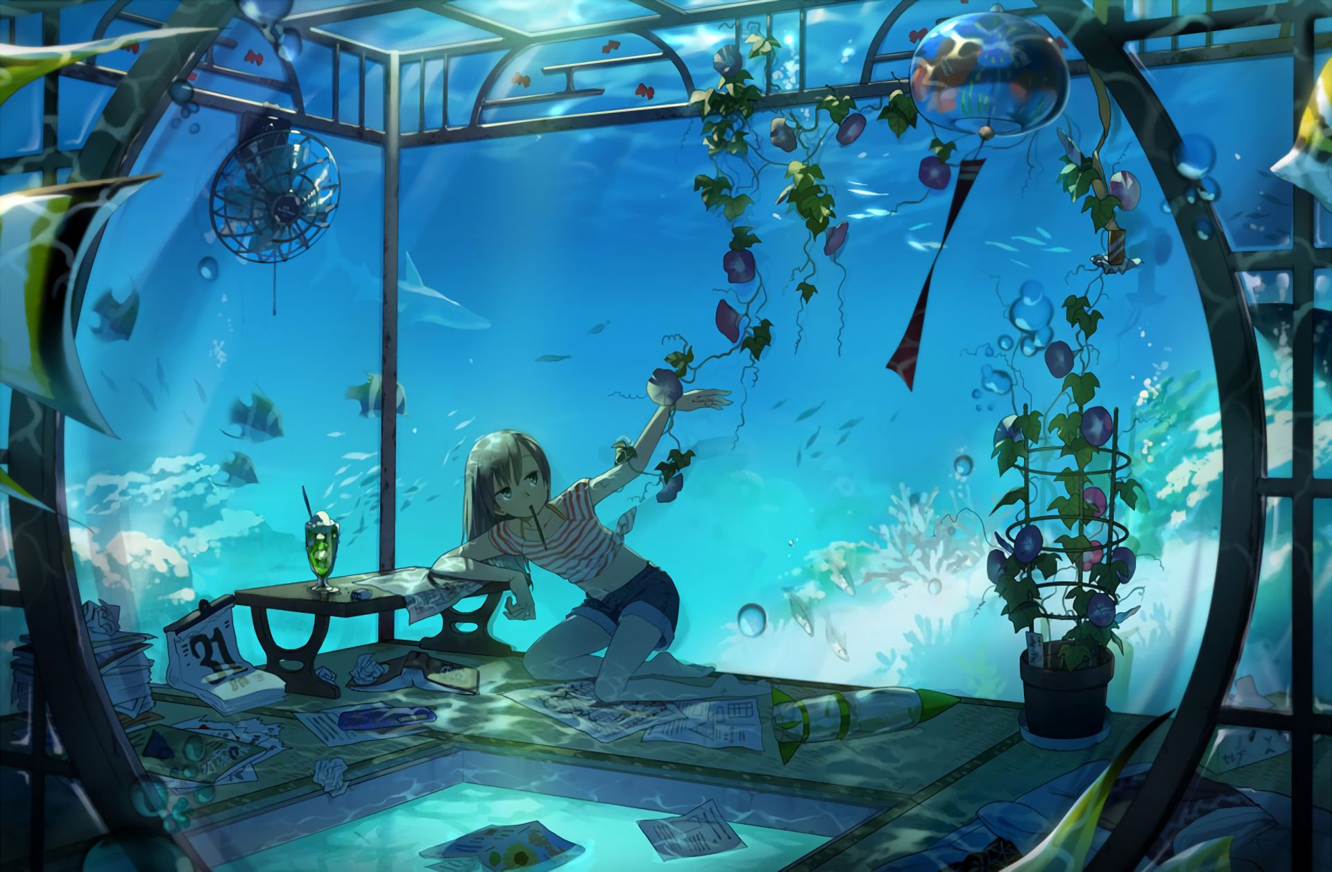 girl, plant, anime, coral, fish, ocean, shark, underwater, water