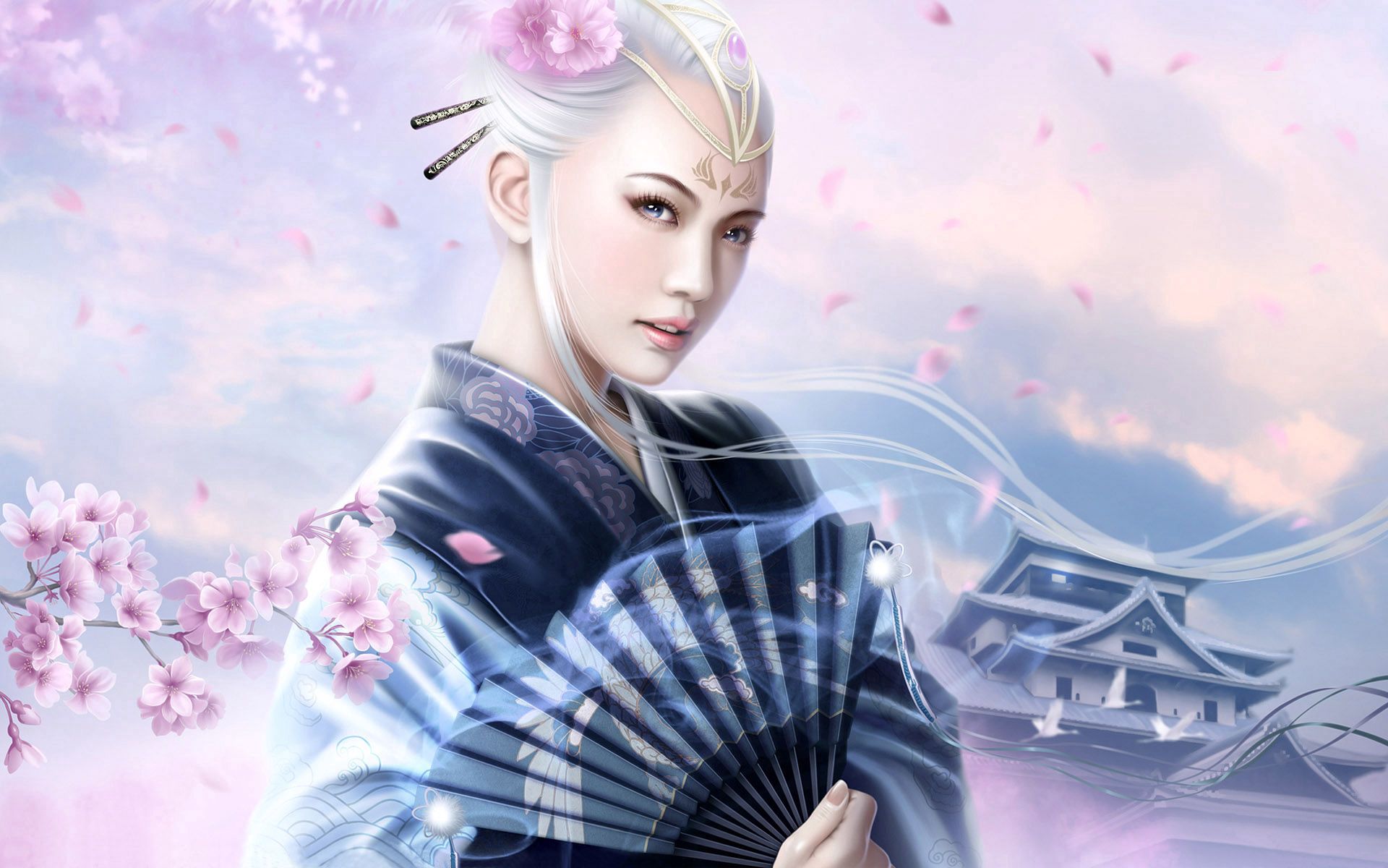 Laden Sie das Fantasie, Mädchen, Sakura, Kimono, Fan, Ventilator-Bild kostenlos auf Ihren PC-Desktop herunter