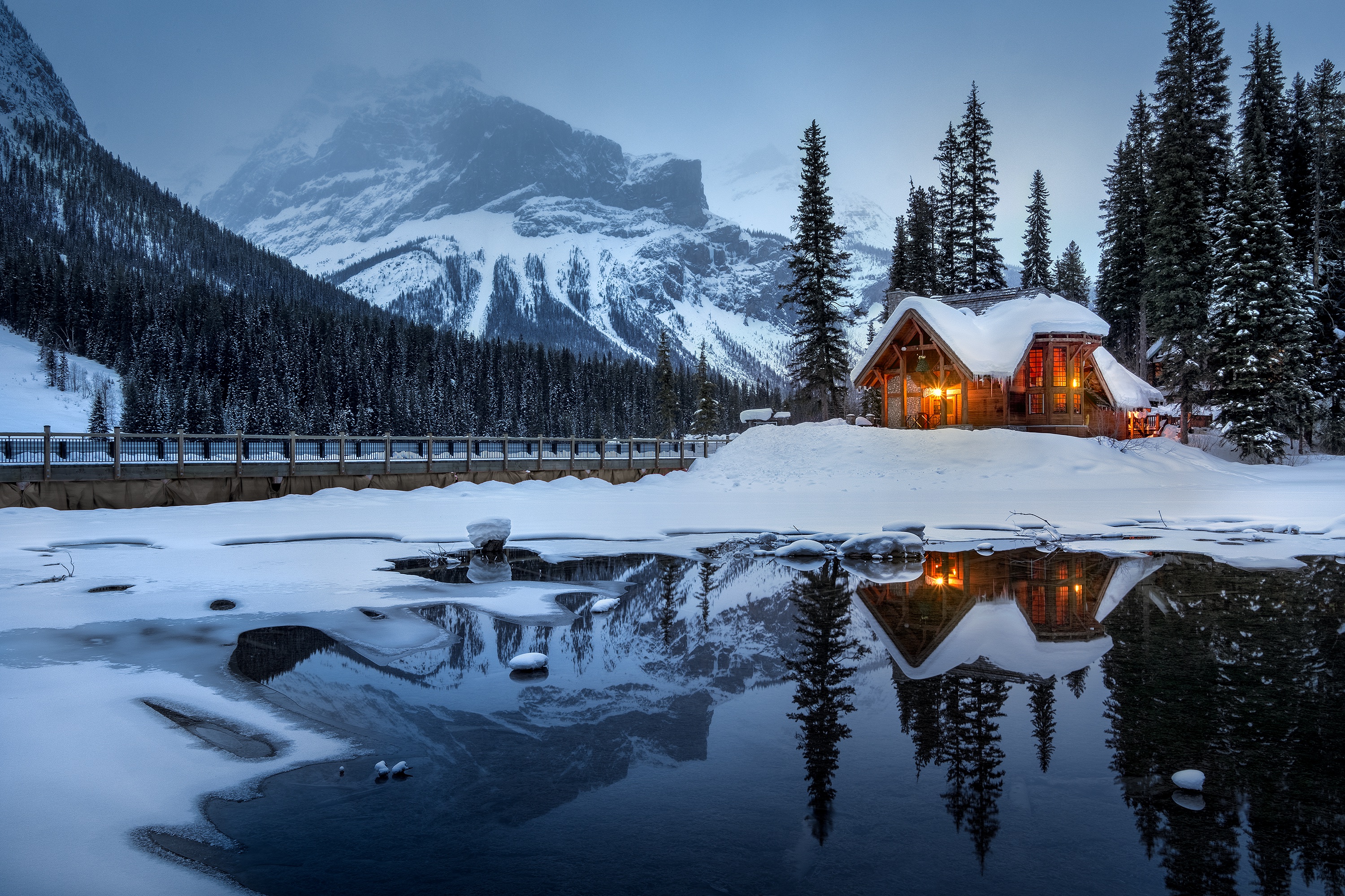snow, nature, mountains, lake, small house, lodge, beautiful landscape 5K