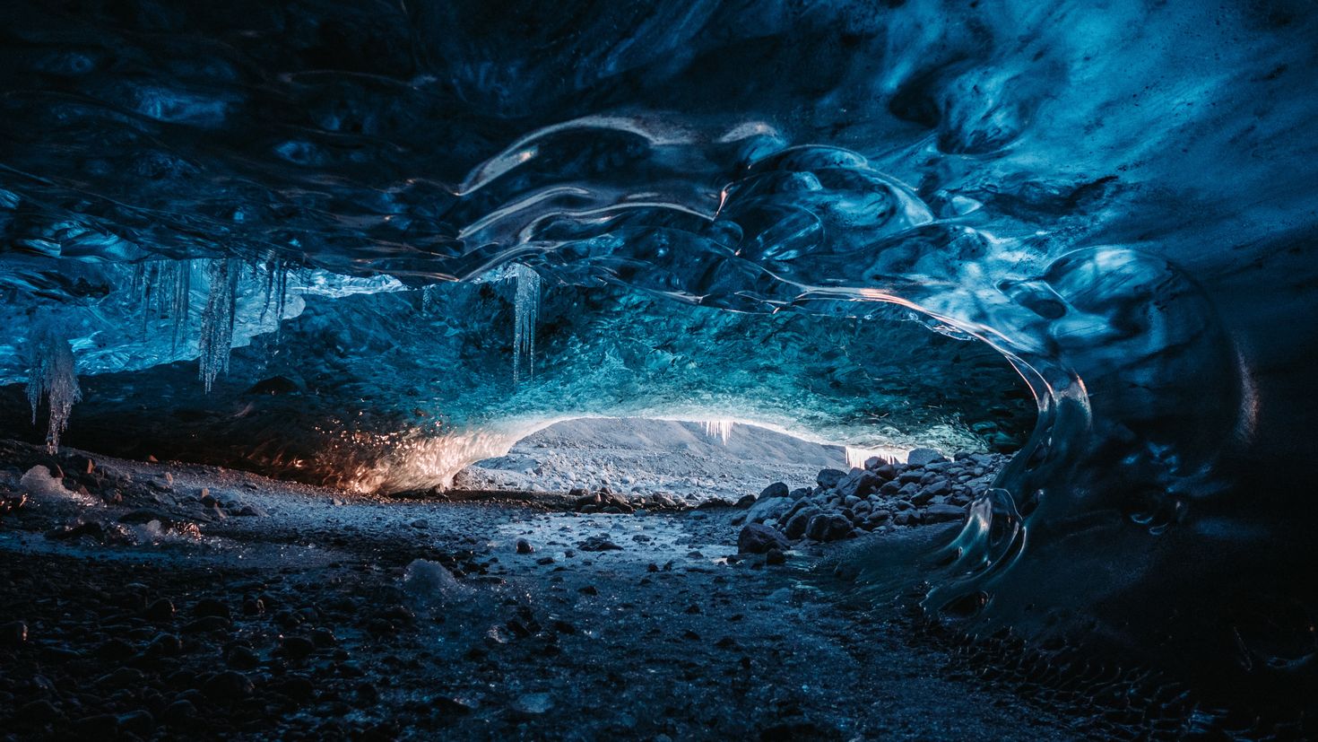 Panoramic Wallpapers Glacier cave, stones, frozen, ice.