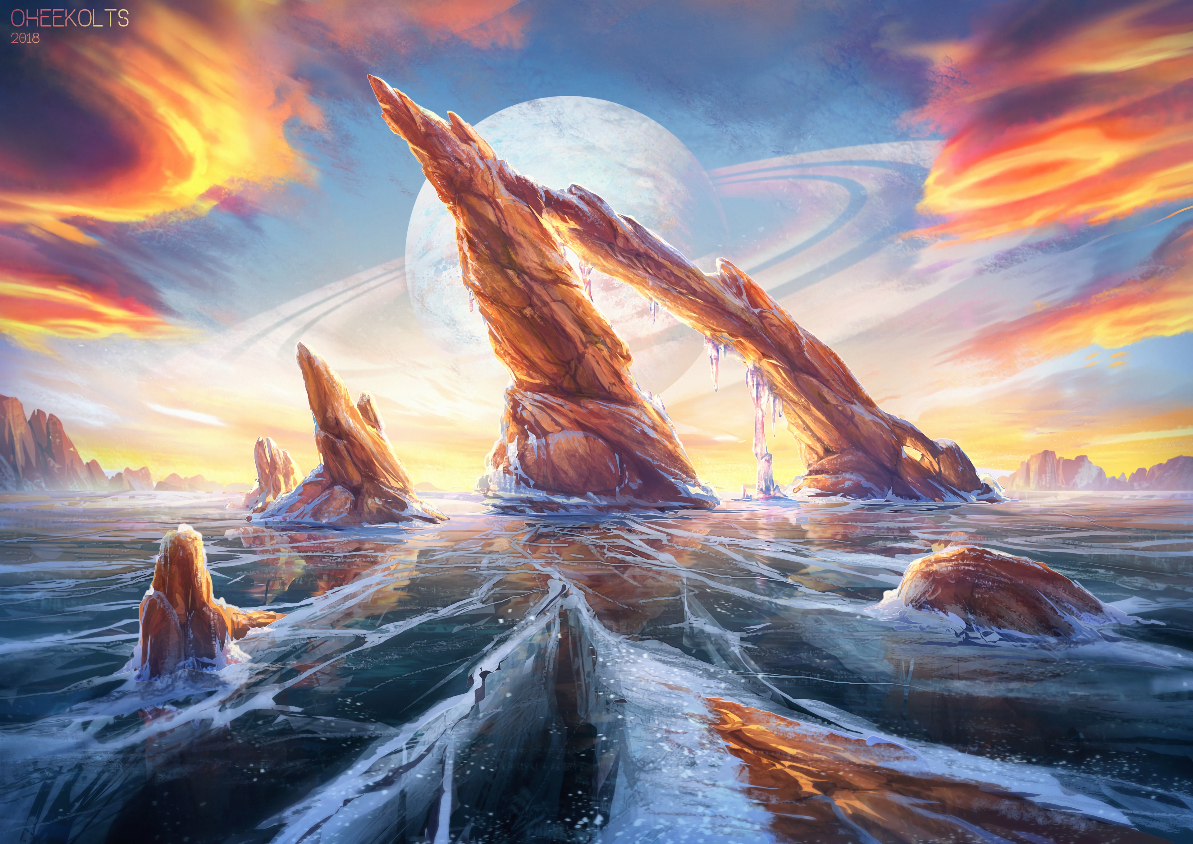 fantasy, ice, art, rocks, planet phone background