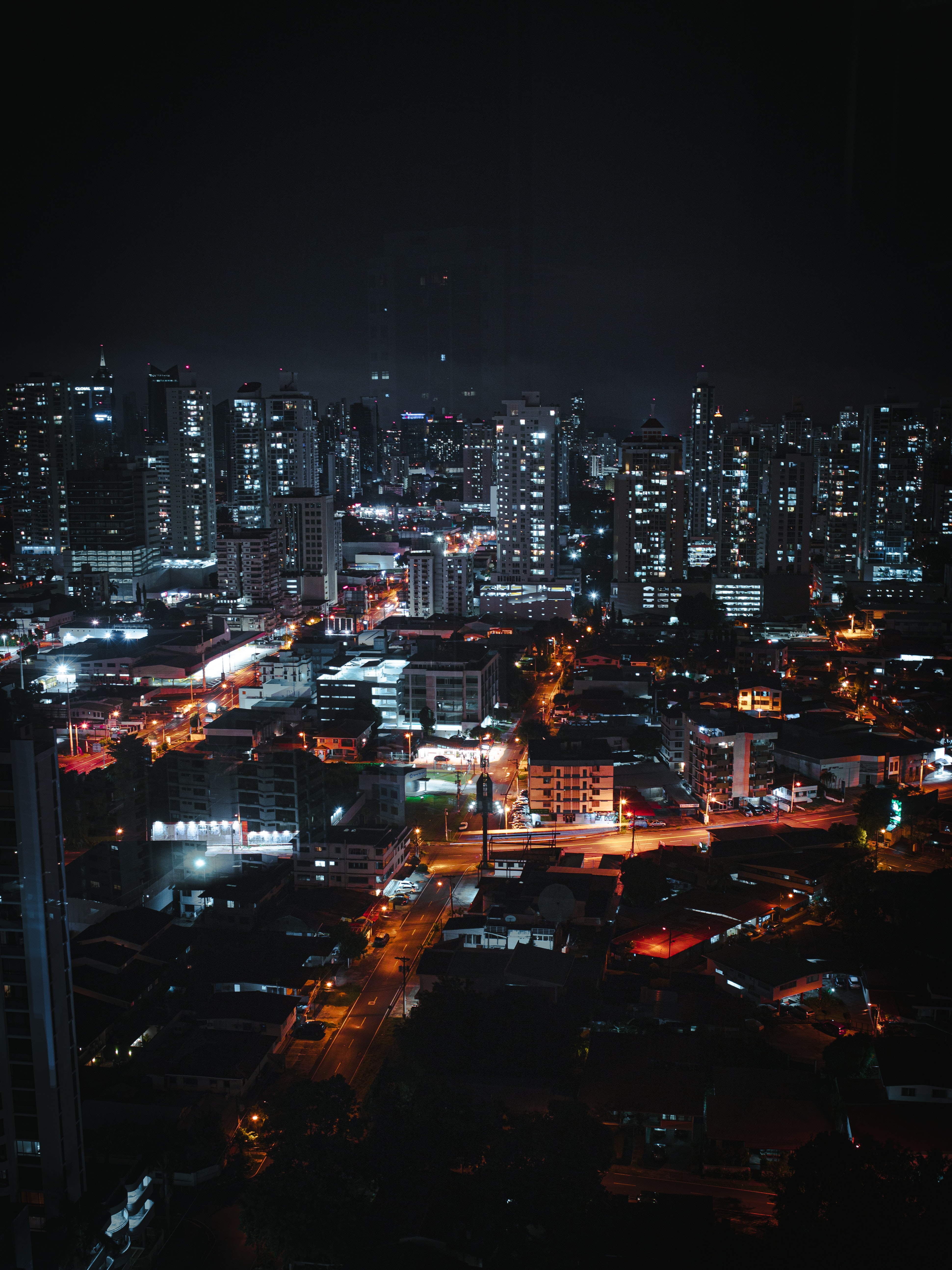 cities, architecture, building, lights, dark, road, night city HD wallpaper