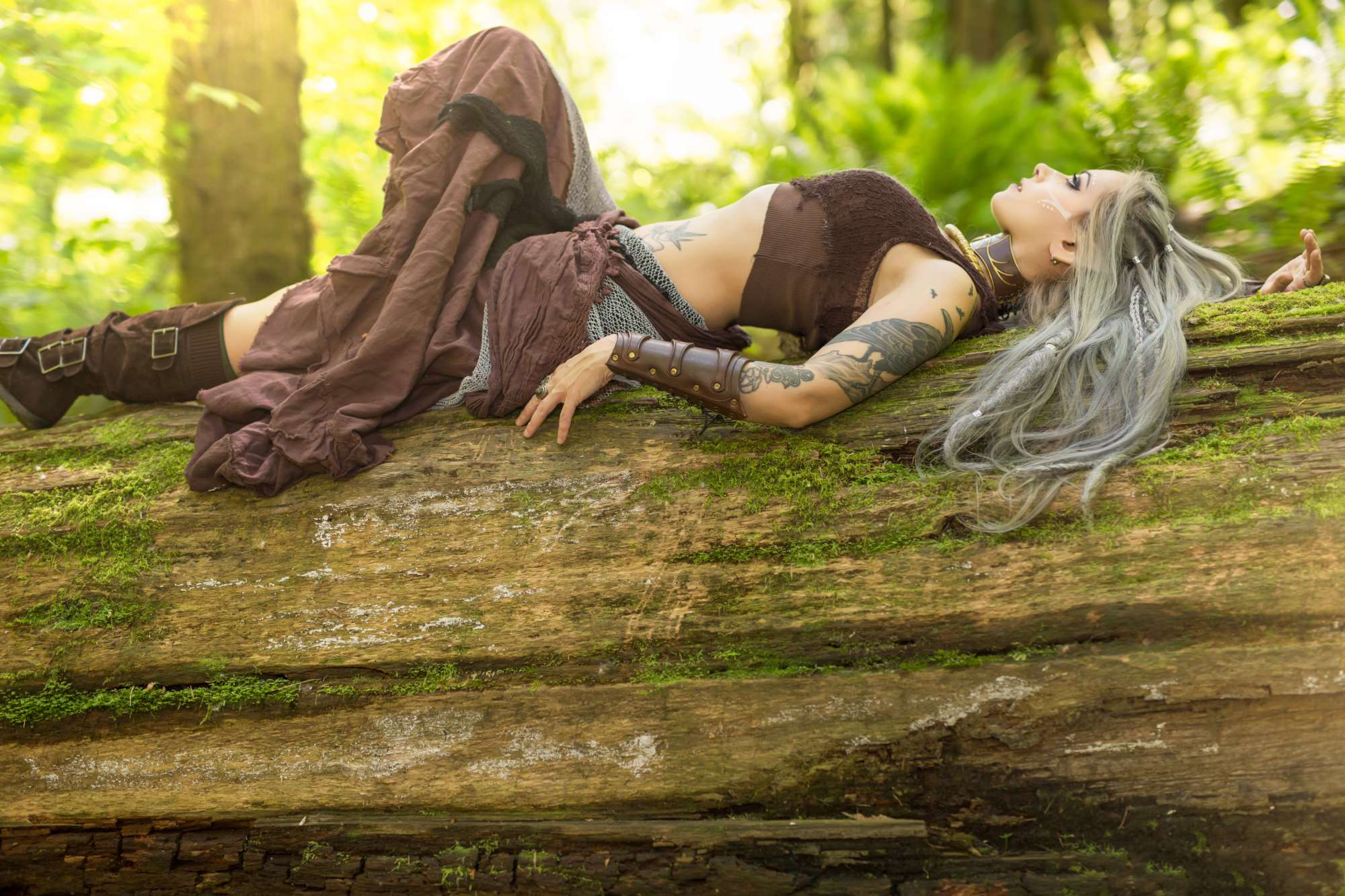 women, cosplay, elf, fantasy, log, long hair, lying down, model, tattoo, white hair
