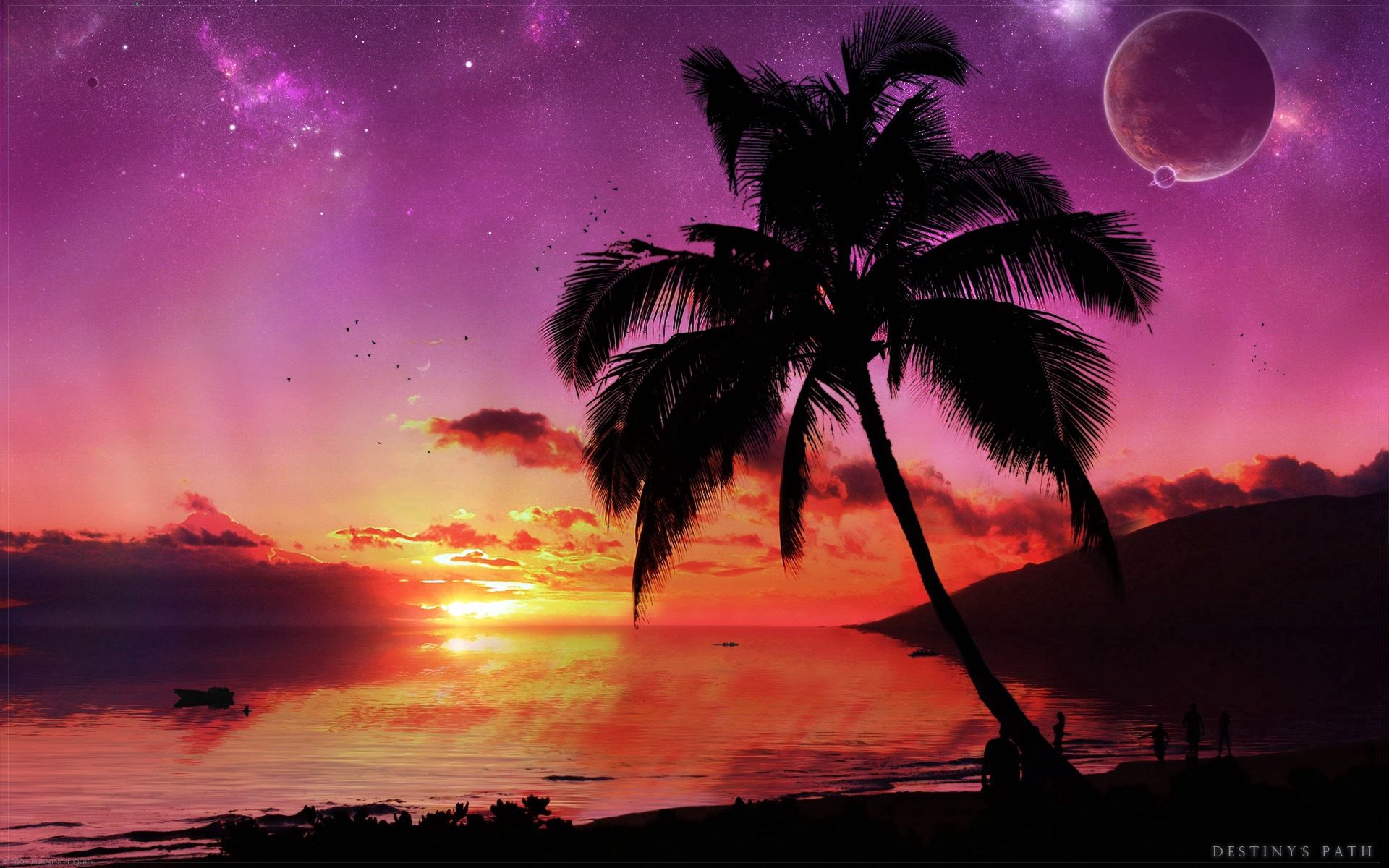 Laden Sie das Palme, Sea, Fantasie, Sunset, Sky, Sterne, Holz, Baum, Palm, Abend, Planeten, Planet-Bild kostenlos auf Ihren PC-Desktop herunter