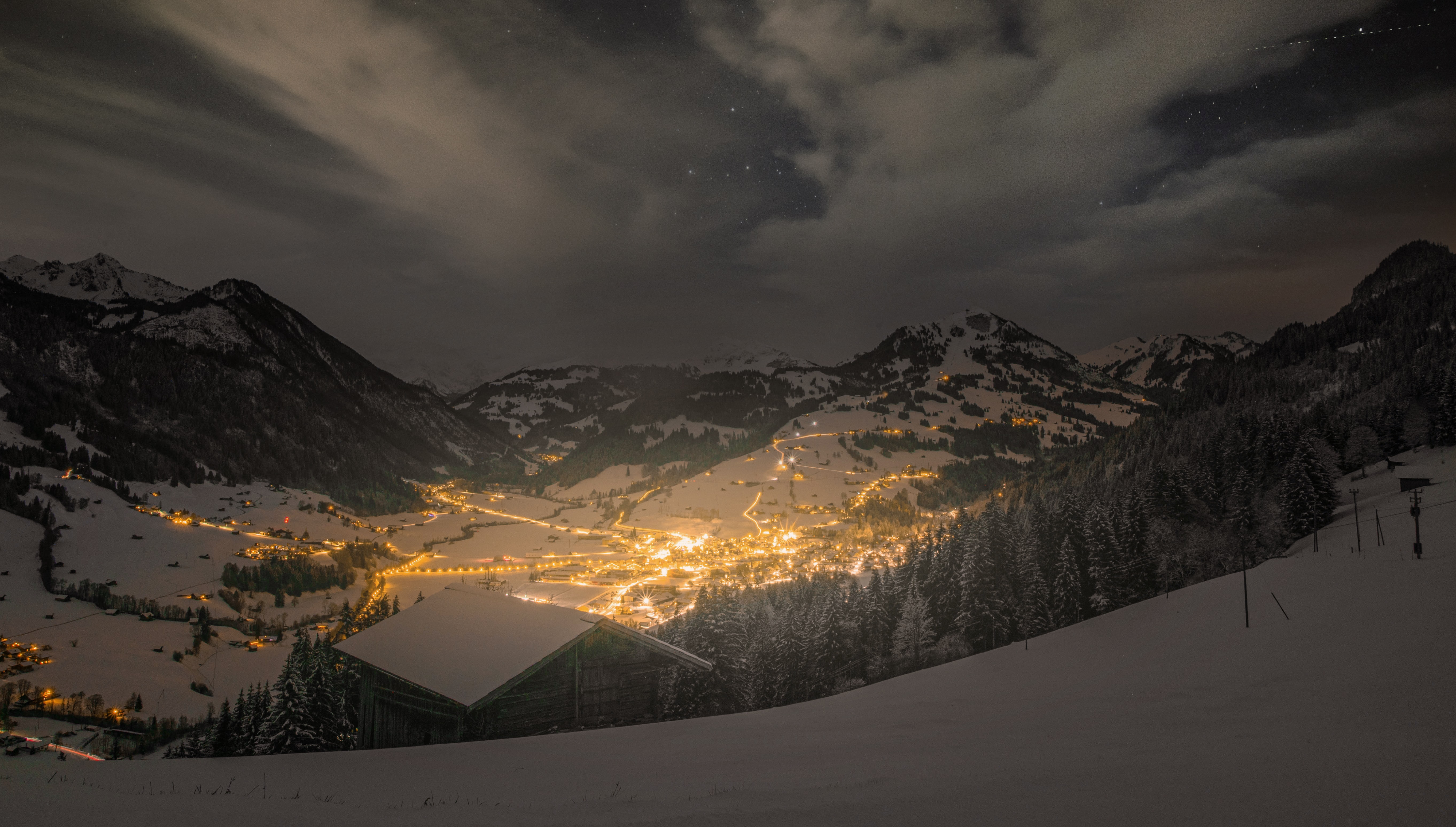 vertical wallpaper mountains, valley, nature, night, snow, lights, village