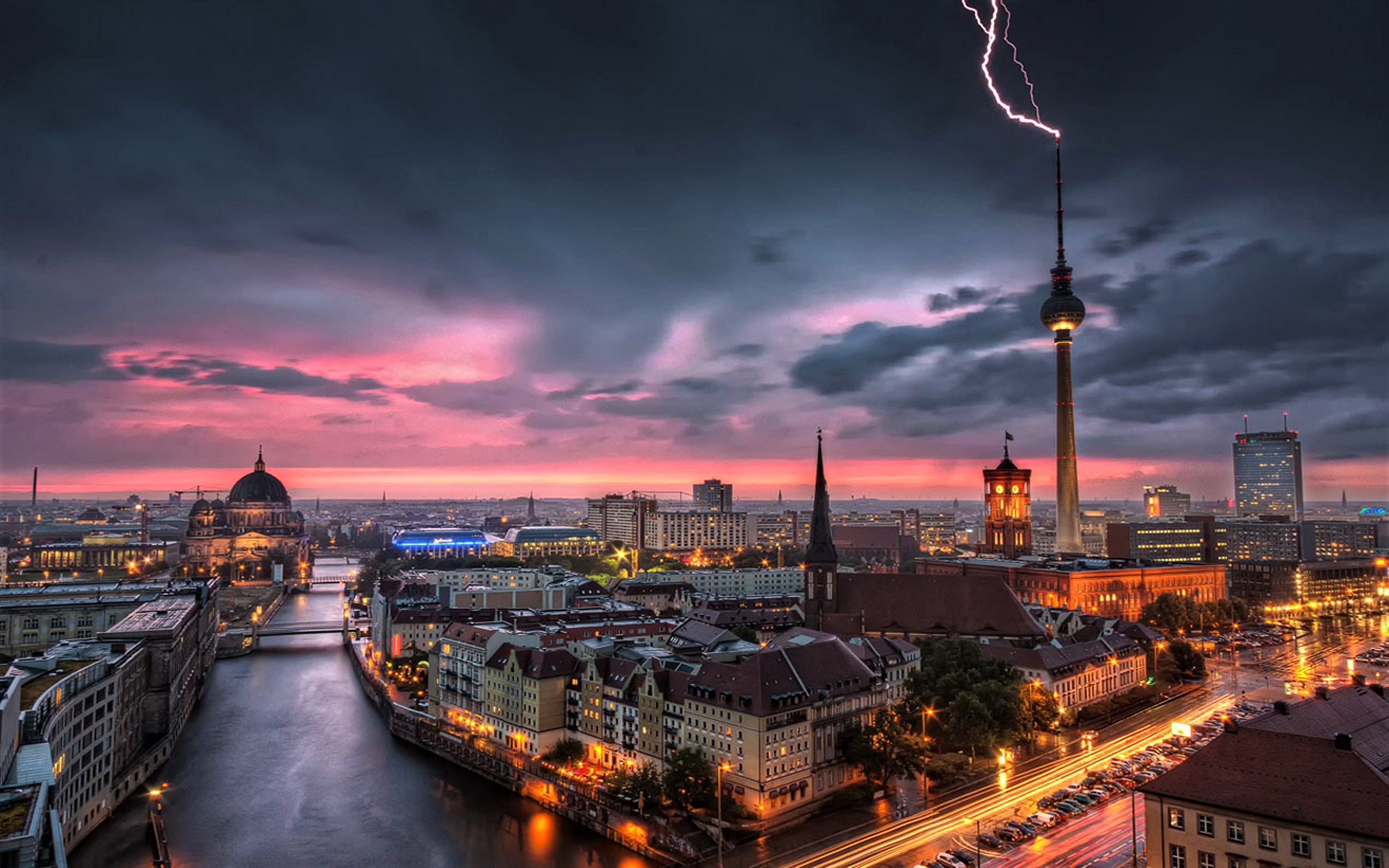 Mobile wallpaper: Berlin, Lightning, Bridge, Cityscape, River, Germany, Man  Made, 1505792 download the picture for free.