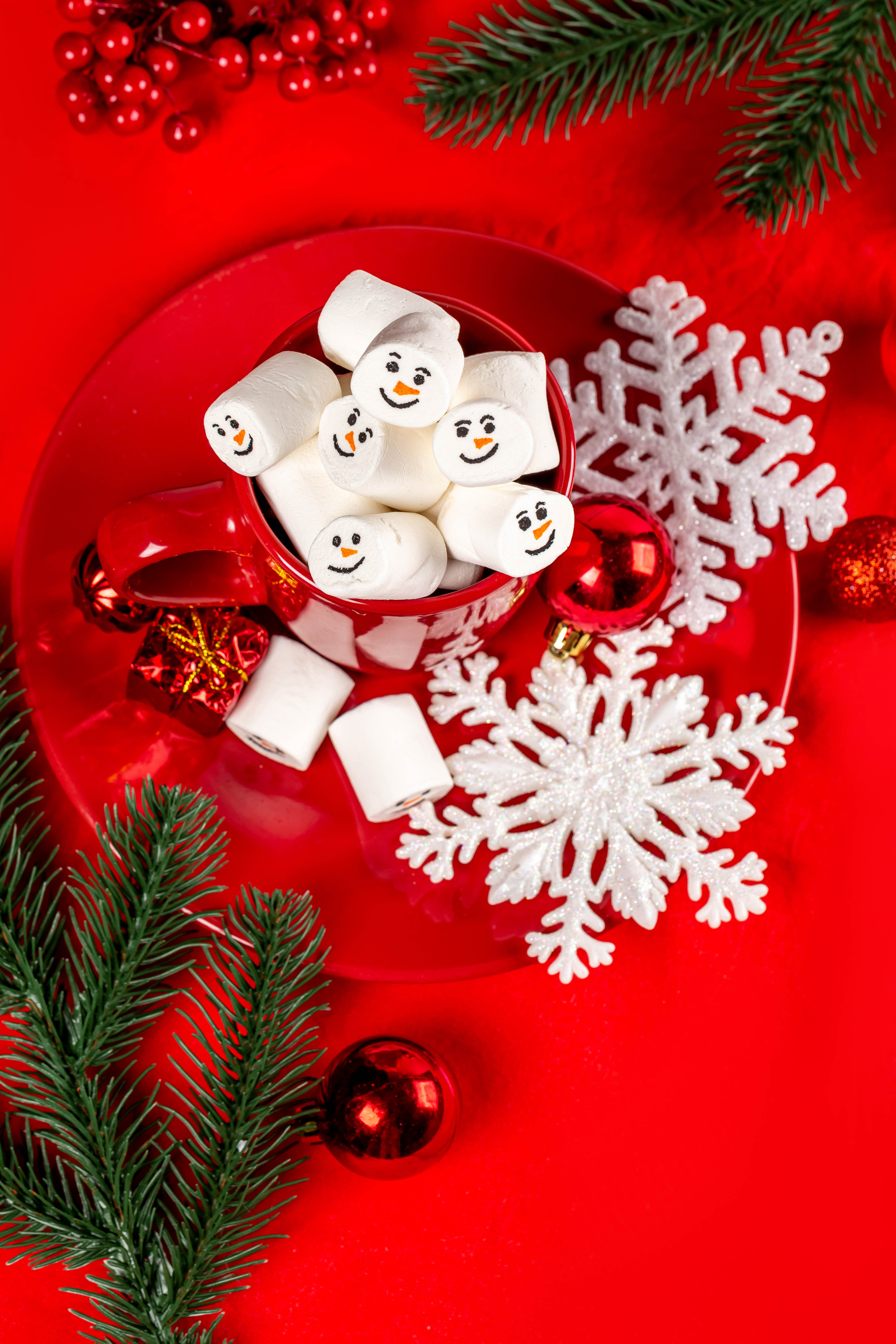 holidays, snowflakes, cup, christmas, branches, balls, mug, marshmallow, zephyr wallpaper for mobile