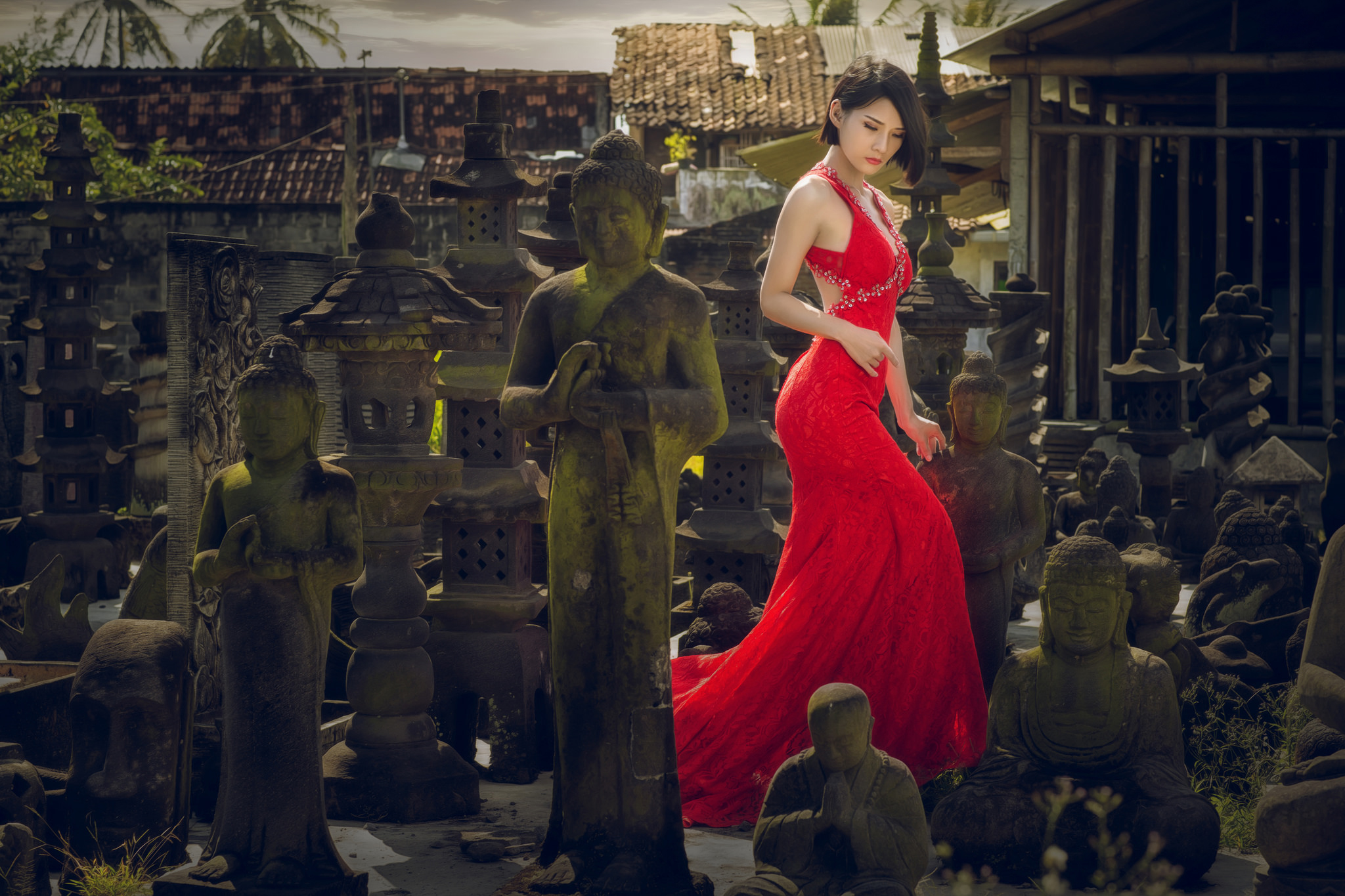 statue, buddha, women, red dress, asian, brunette, model phone background