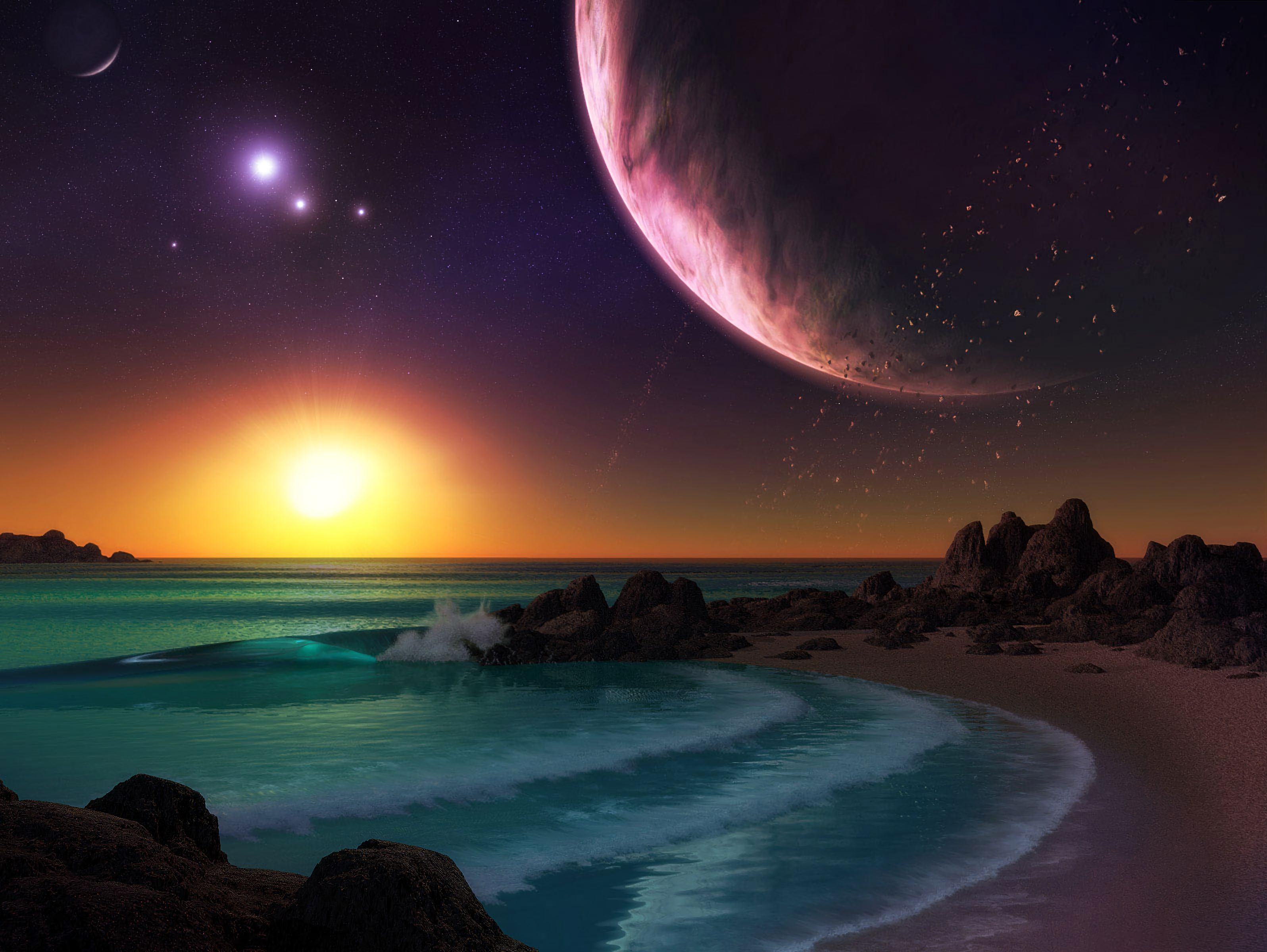 Laden Sie das Planet, Sunset, Kunst, Sea, Surfen, Felsen, Die Steine, Planeten-Bild kostenlos auf Ihren PC-Desktop herunter