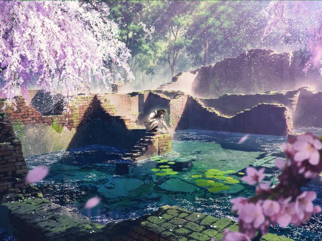 HD desktop wallpaper: Anime, Pond, Cherry Blossom, Original, Black Hair,  Long Hair, Lily Pad download free picture #1374204