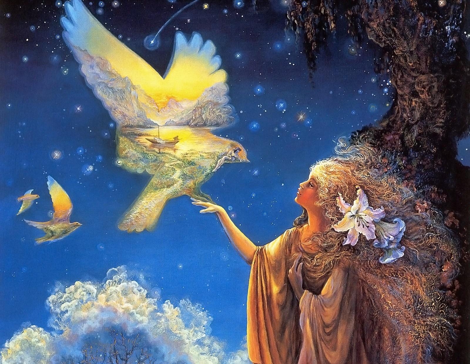 Laden Sie das Fantasie, Vögel, Mädchen, Sky, Sterne, Hand, Vision-Bild kostenlos auf Ihren PC-Desktop herunter
