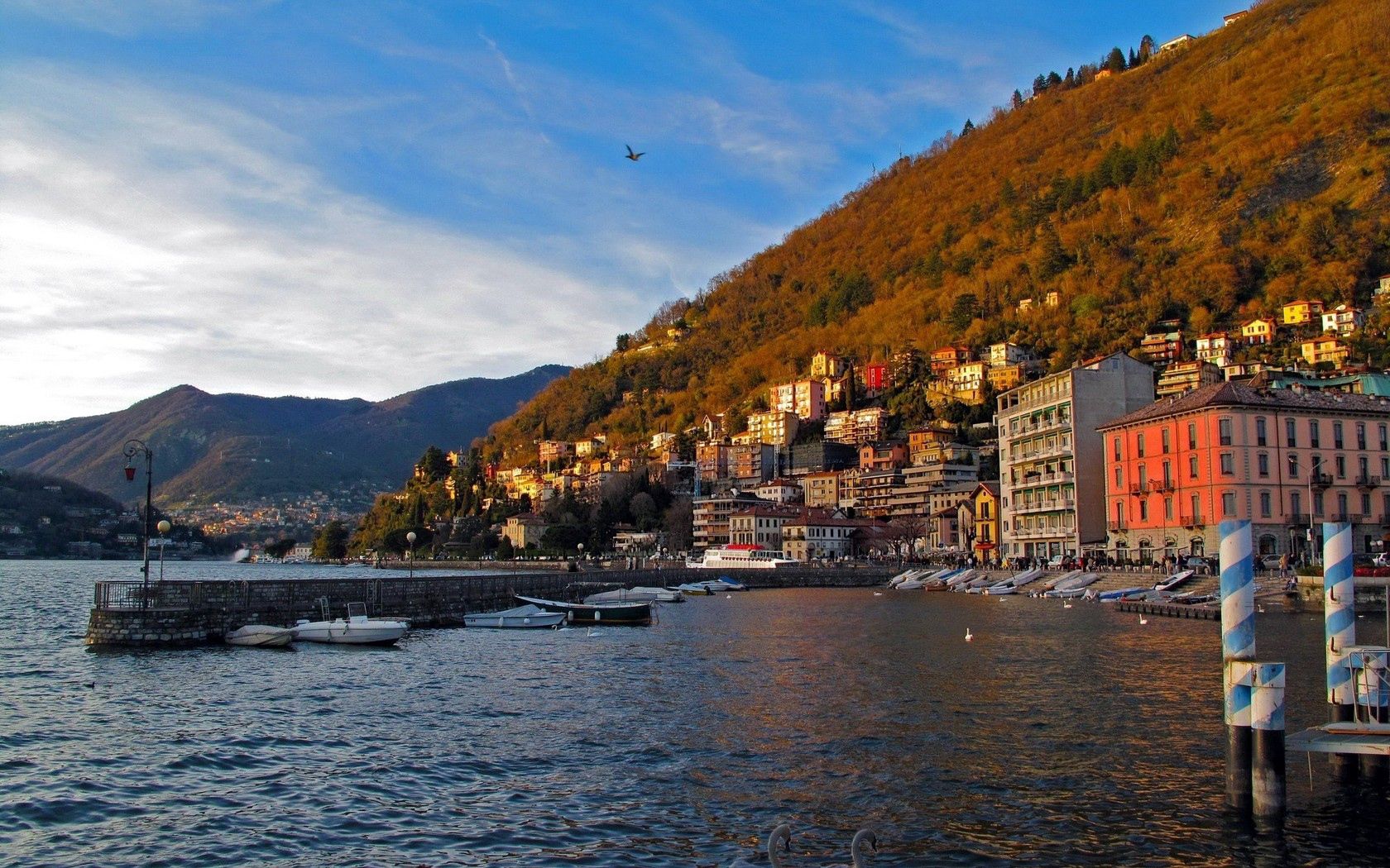cities, lombardy, houses, embankment, mountains, como, wharf, quay, water, sky, sea, berth, italy download HD wallpaper