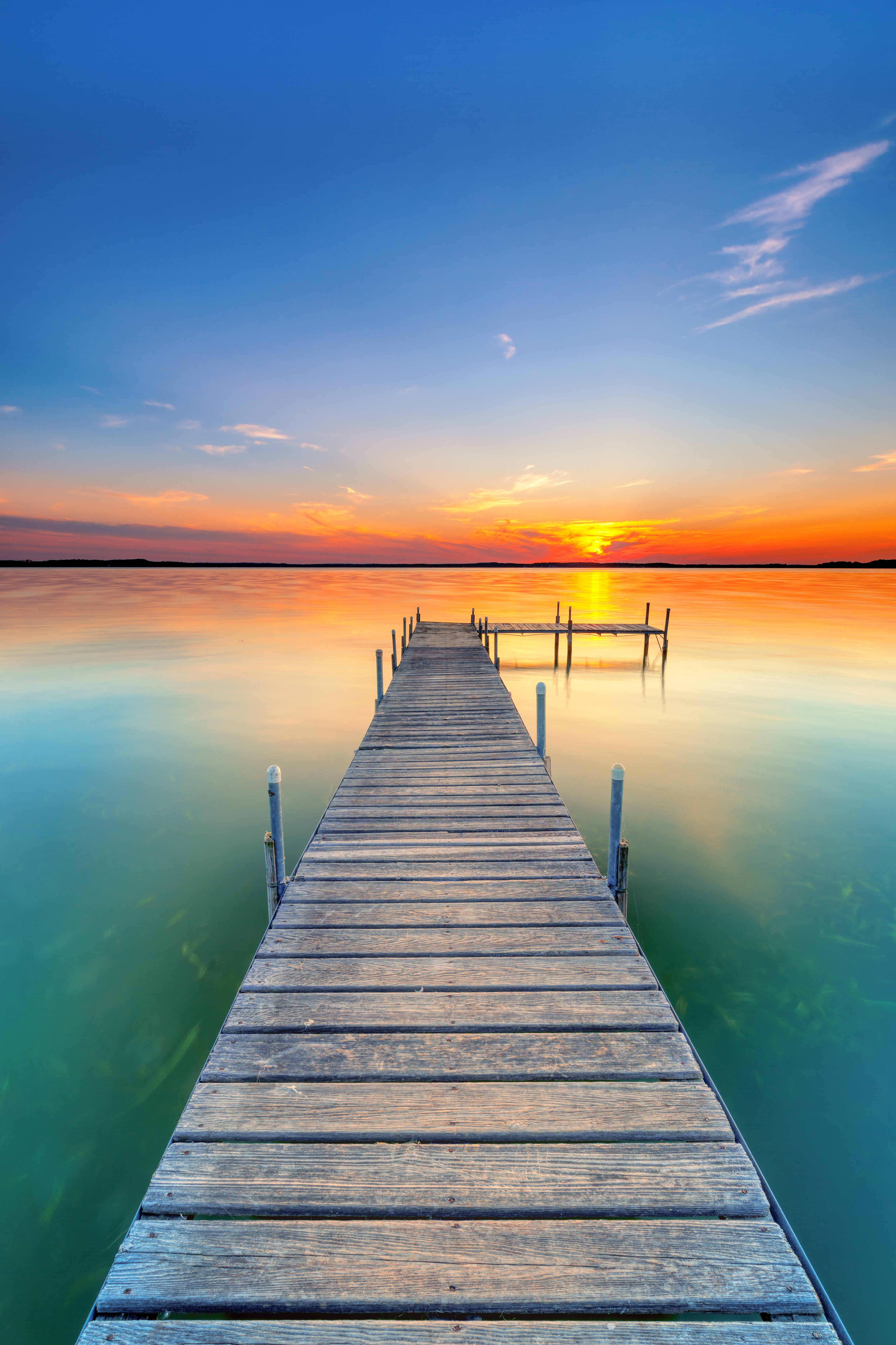 water, nature, horizon, pier, sunset, lake 4K Ultra