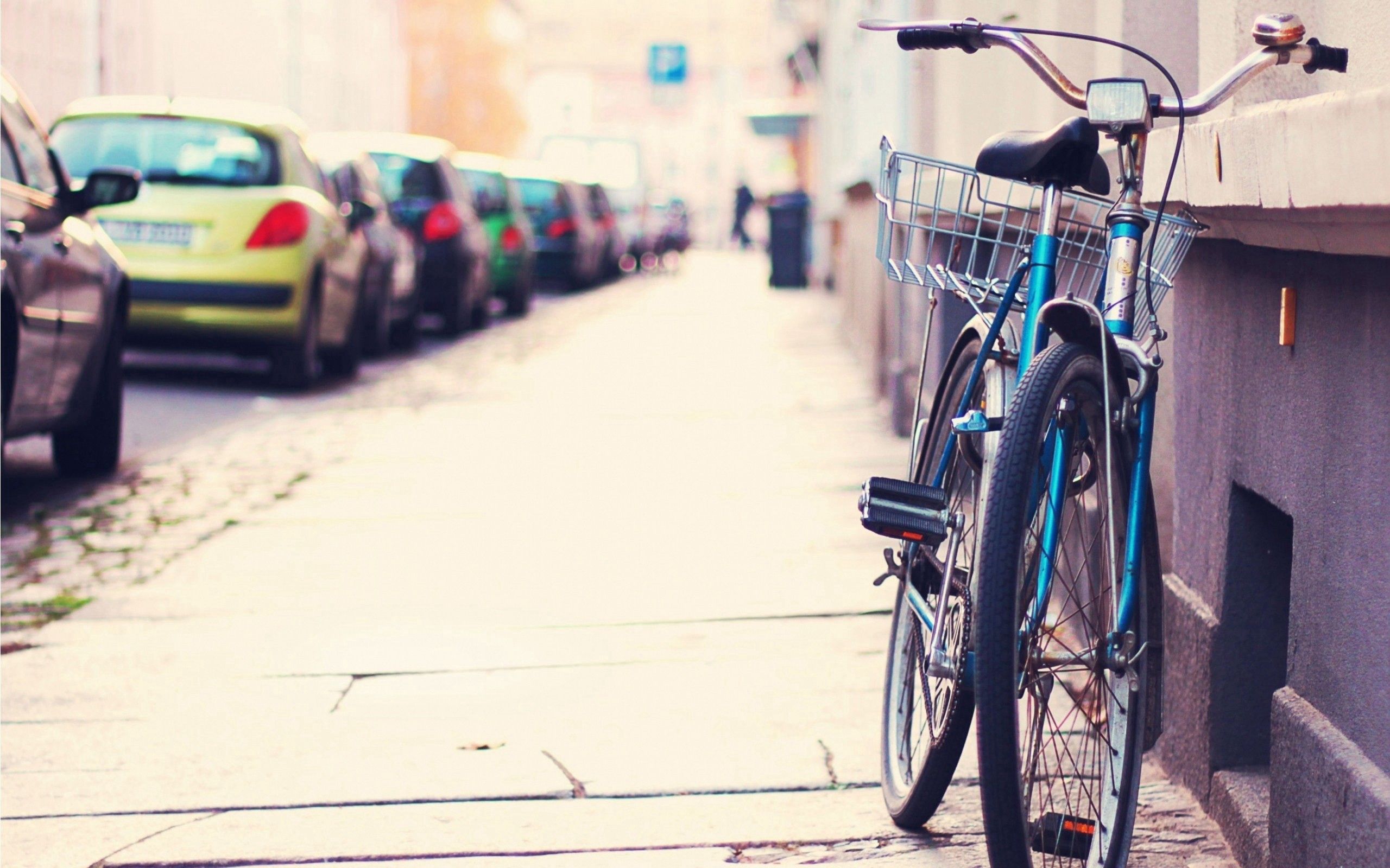 bicycle, cities, cars, street, parking, sidewalk HD wallpaper