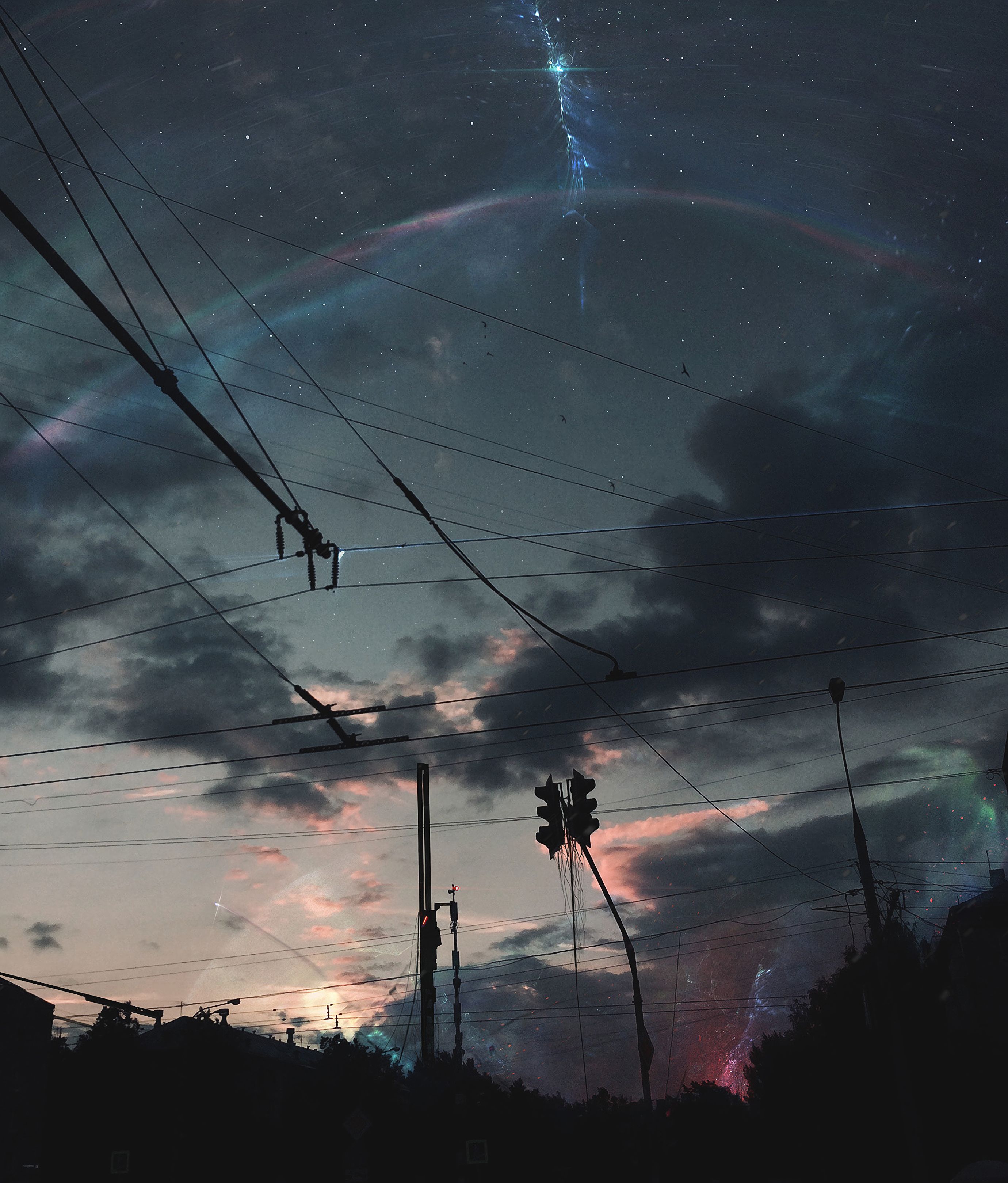 art, sky, wires, night, clouds, wire