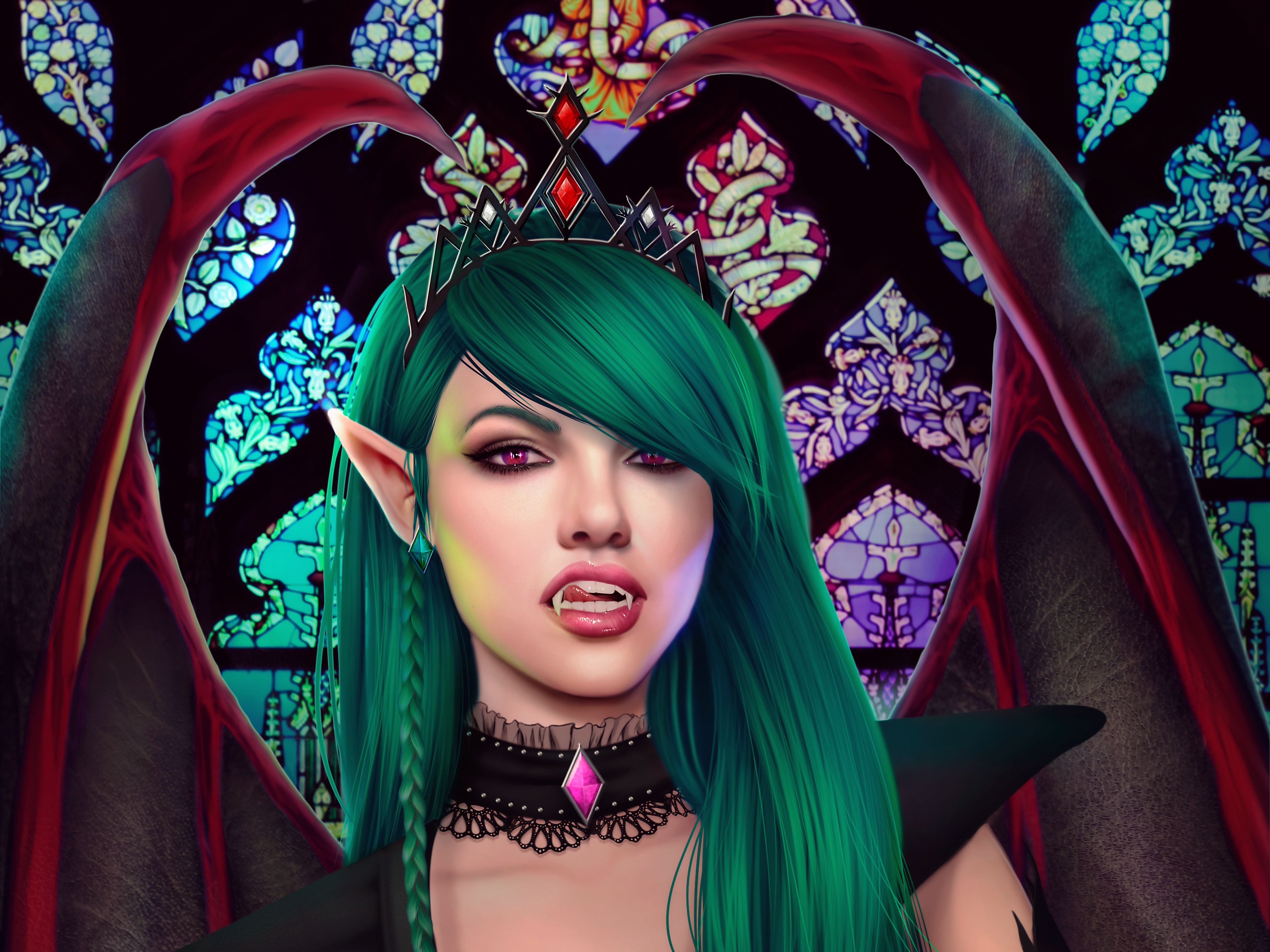 dark, vampire, elf, fangs, green hair, purple eyes, stained glass