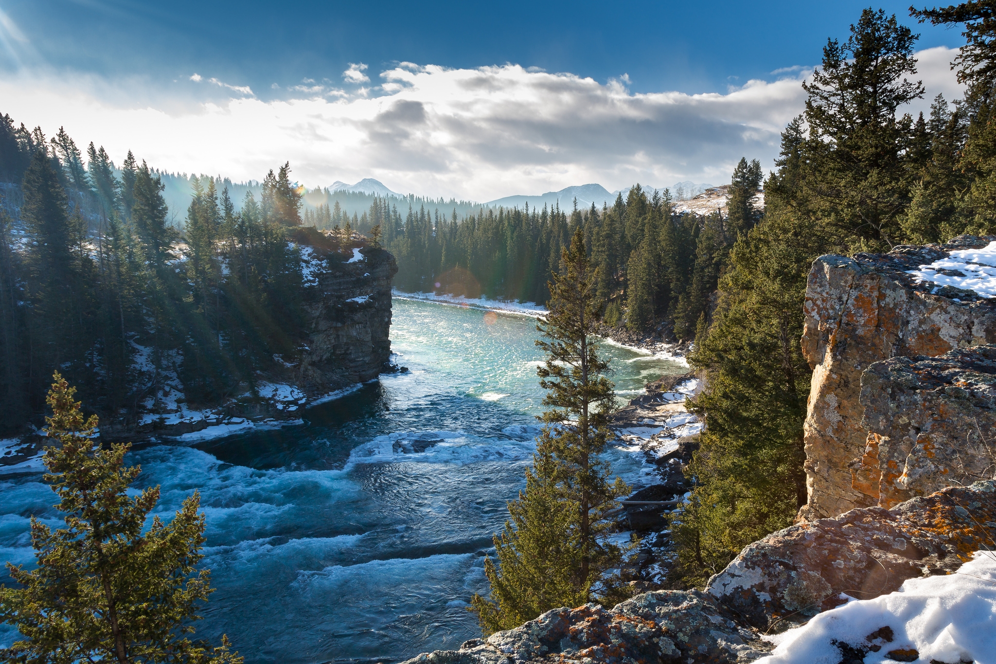 rocks, mountains, nature, canada, winter, trees, bow river, alberta, albert Smartphone Background