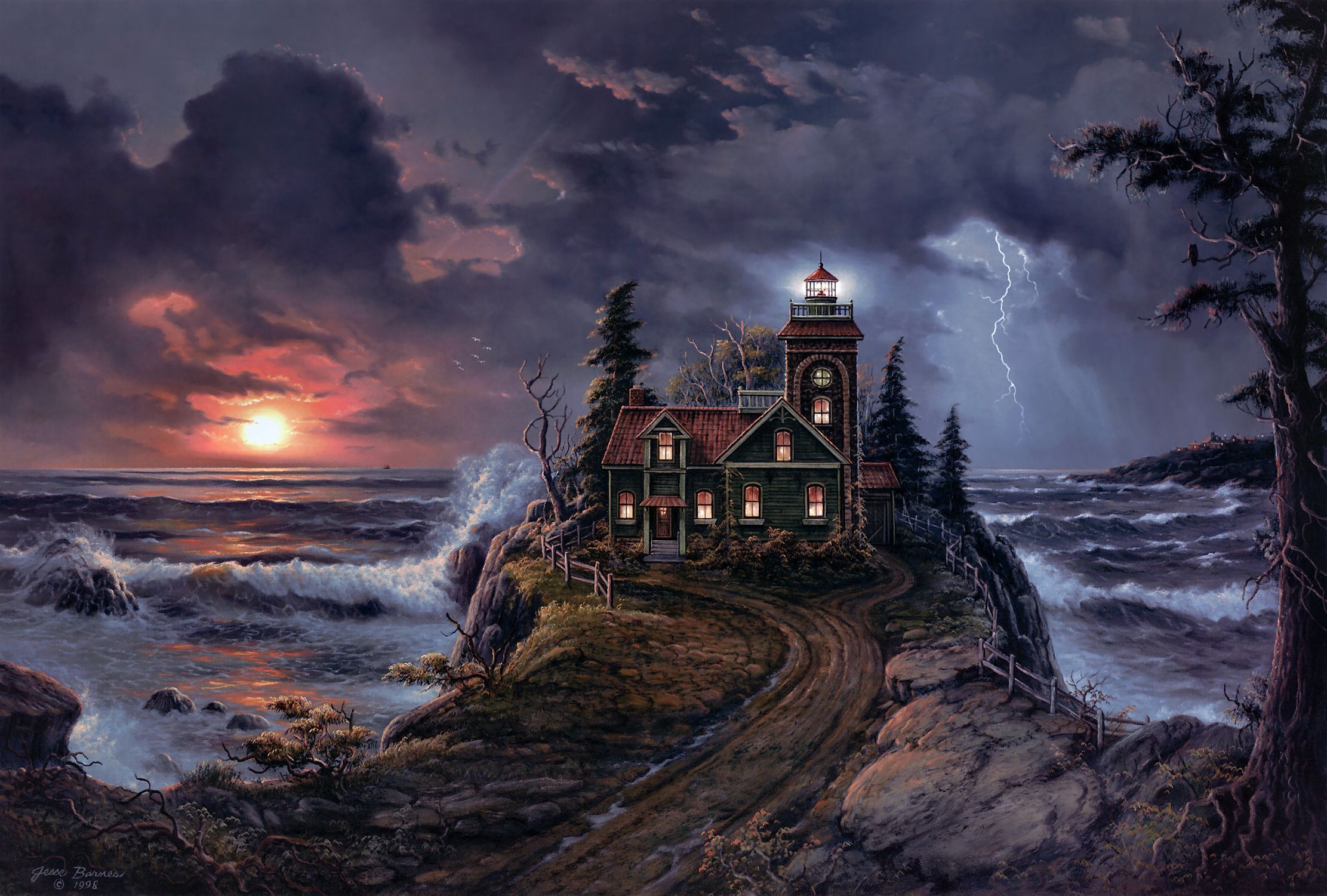 sea, artistic, coast, landscape, lighthouse, road, storm, sunset