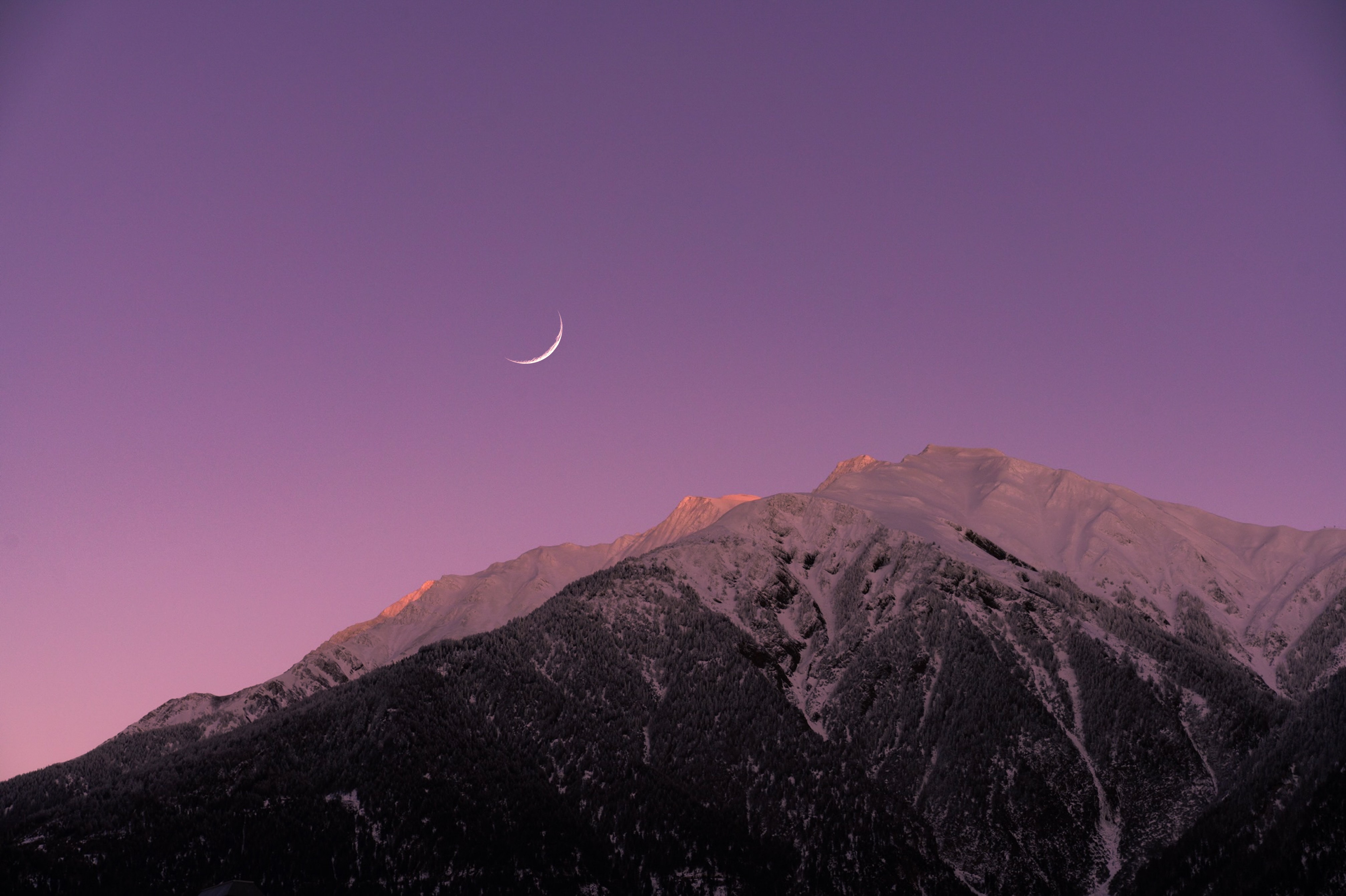 violet, nature, sky, mountains, twilight, moon, dusk, purple wallpaper for mobile