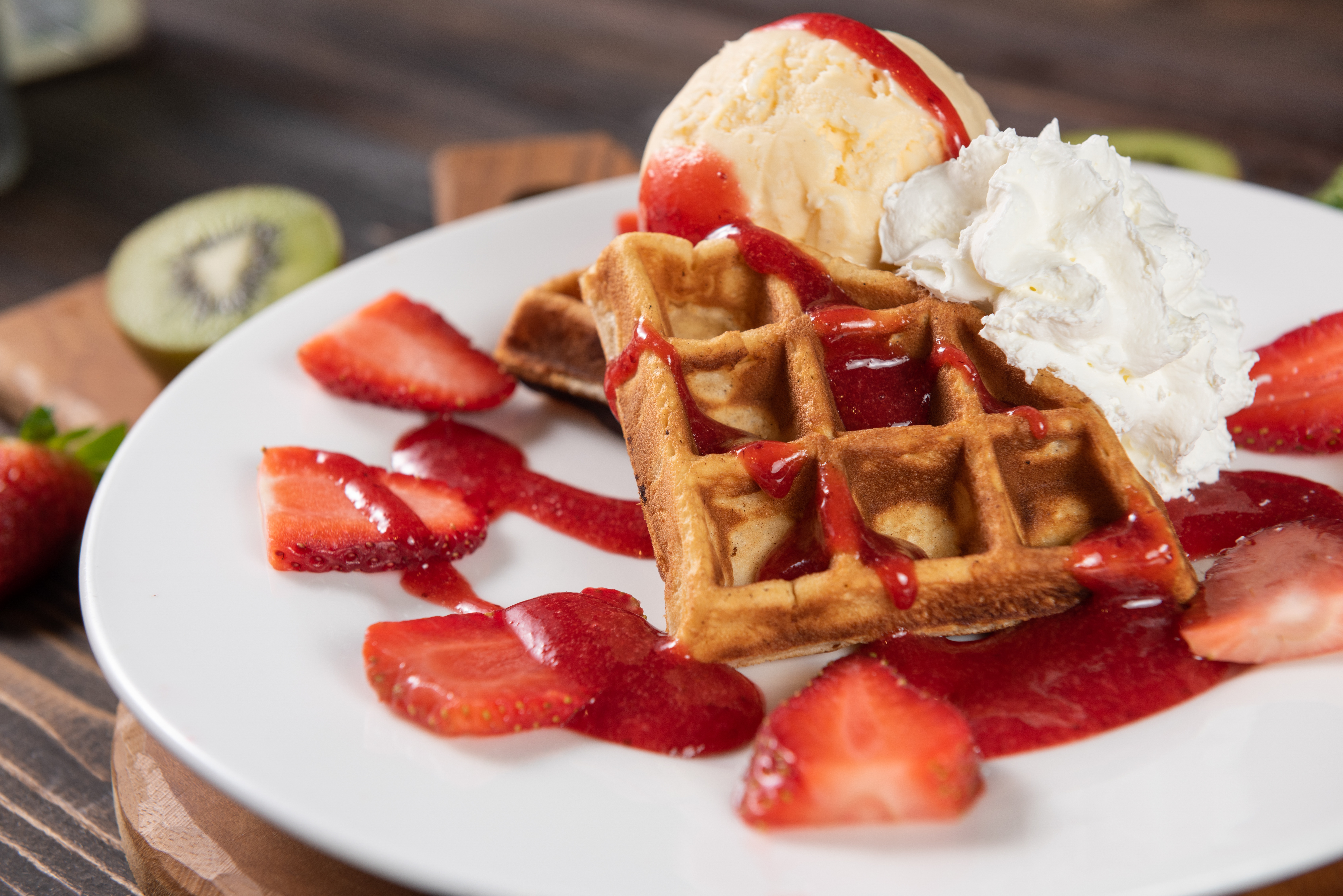 HD desktop wallpaper: Food, Strawberry, Dessert, Ice Cream, Cream, Jam,  Waffle download free picture #963963