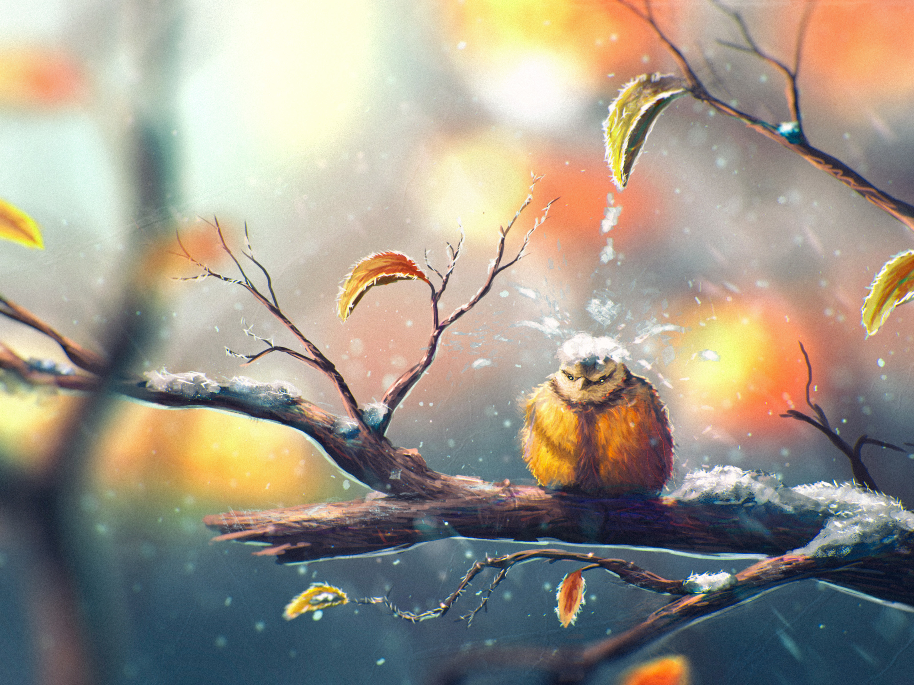 winter, cute, funny, artistic, painting, bird, snow High Definition image