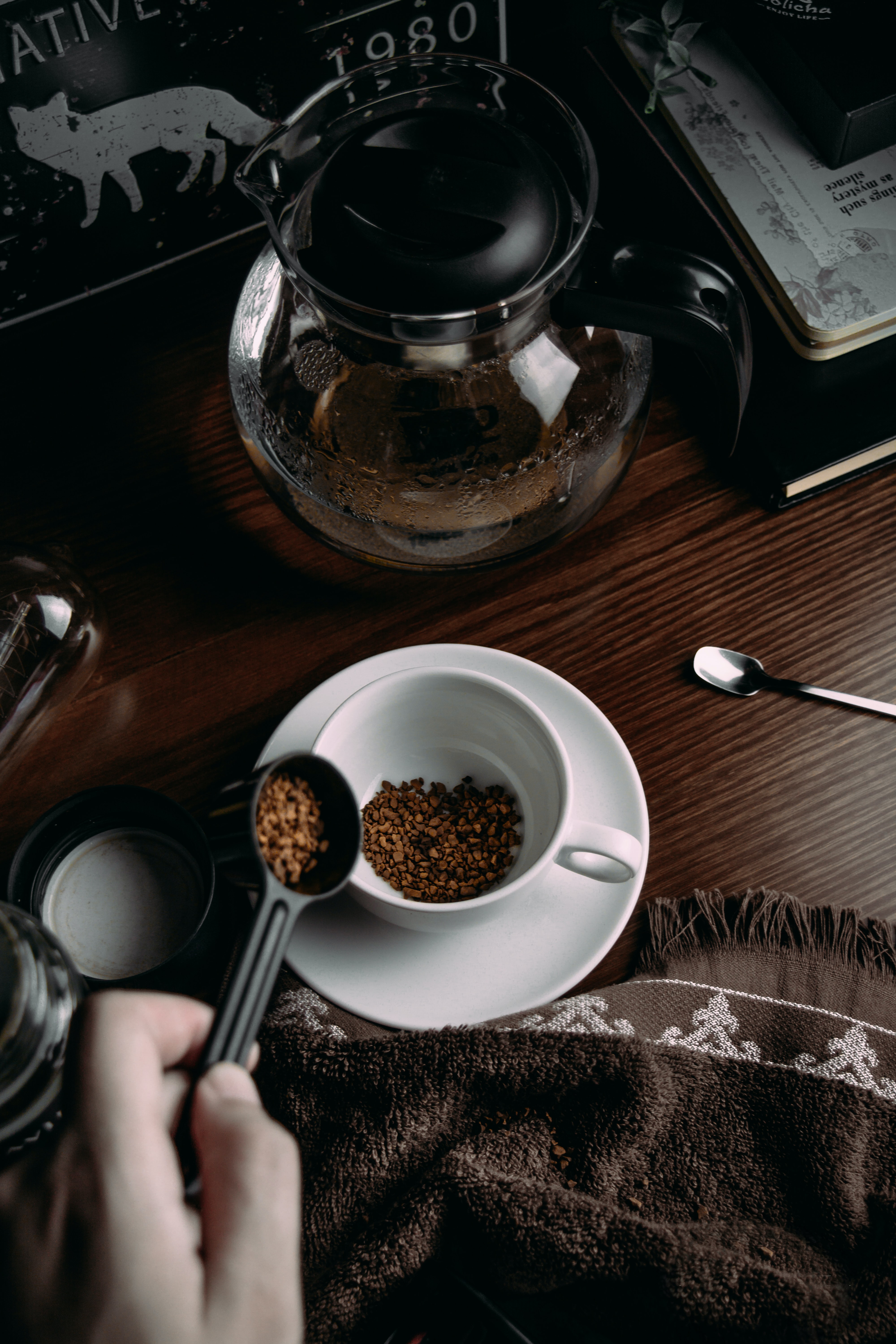coffee, food, cup, teapot, kettle, mug, granules, pellets, spoon High Definition image