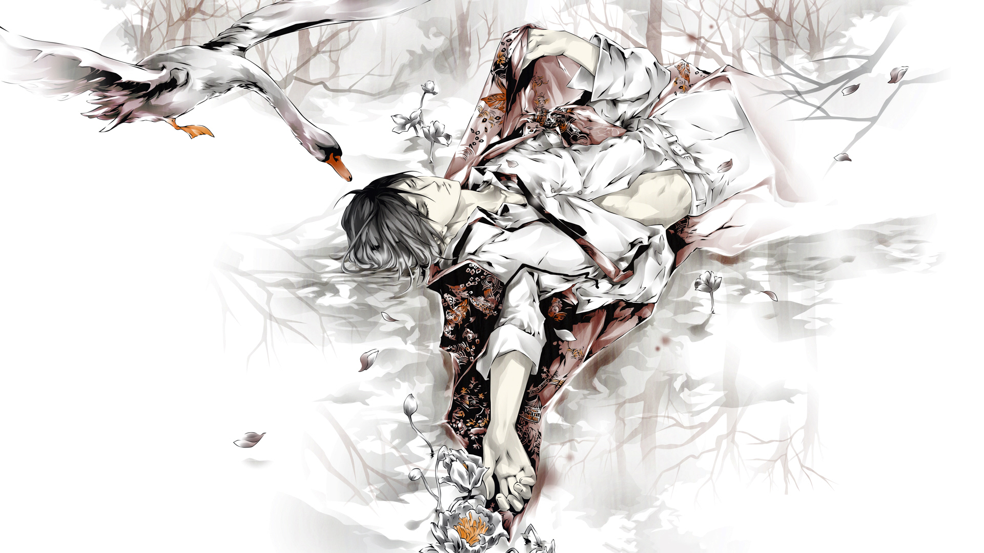 android swan, landscape, original, reflection, flower, anime
