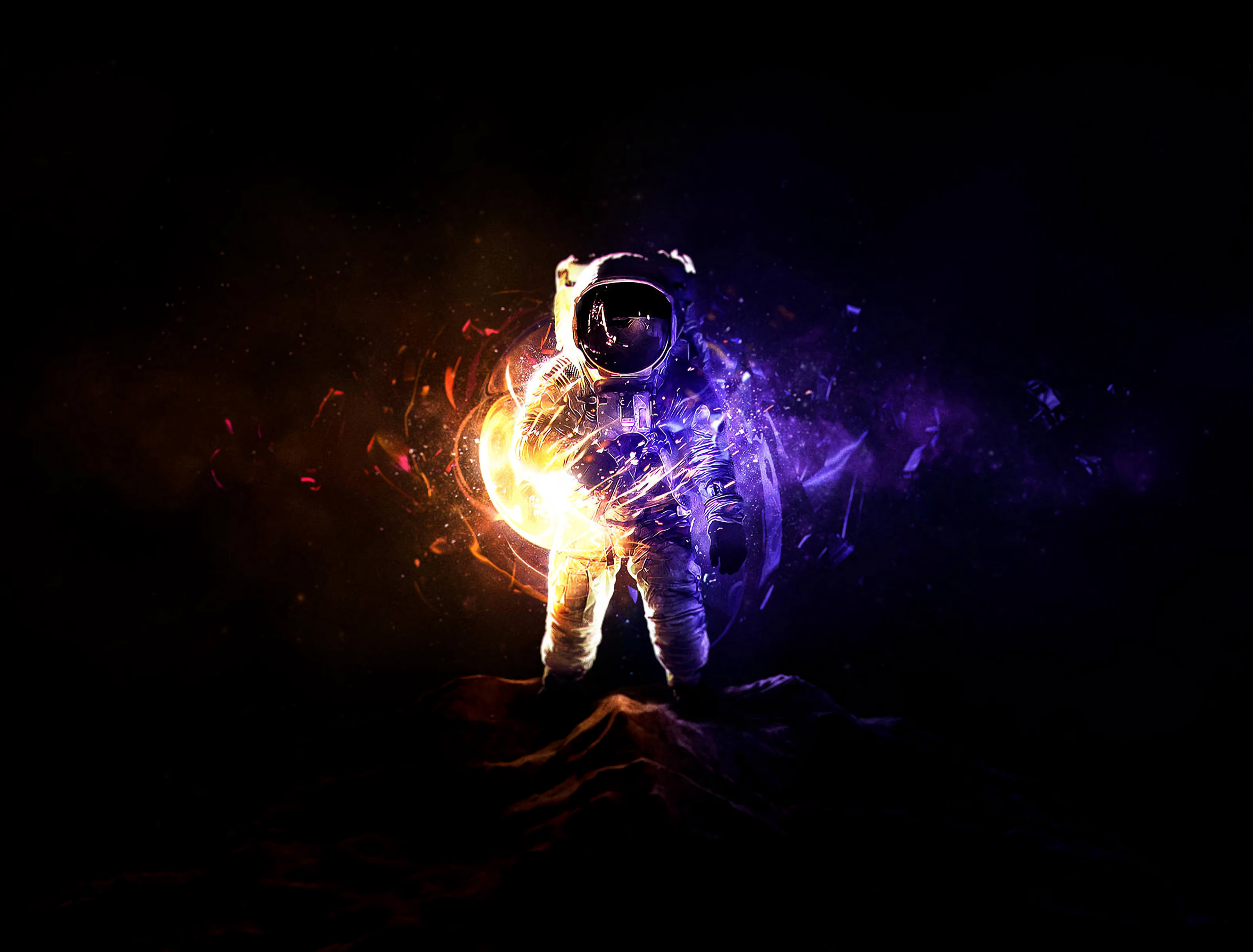 wallpapers astronaut, universe, shine, brilliance, shards, smithereens, cosmonaut, spacesuit, space suit