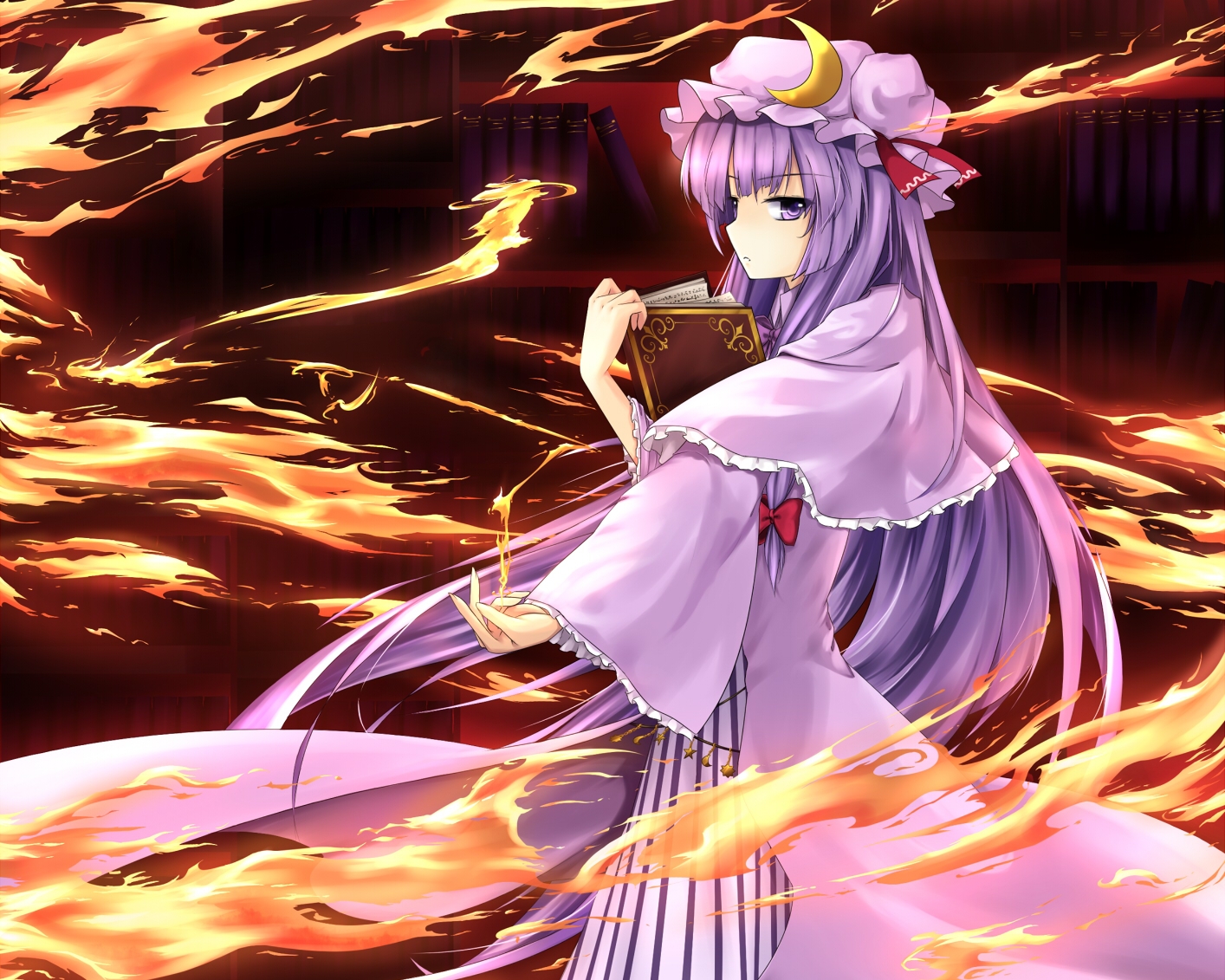 anime, touhou, book, fire, flame, patchouli knowledge, purple eyes, purple hair phone background