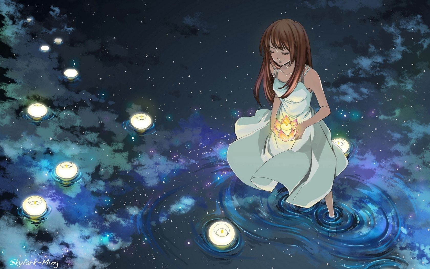 anime, water, stars, lights, lanterns, girl