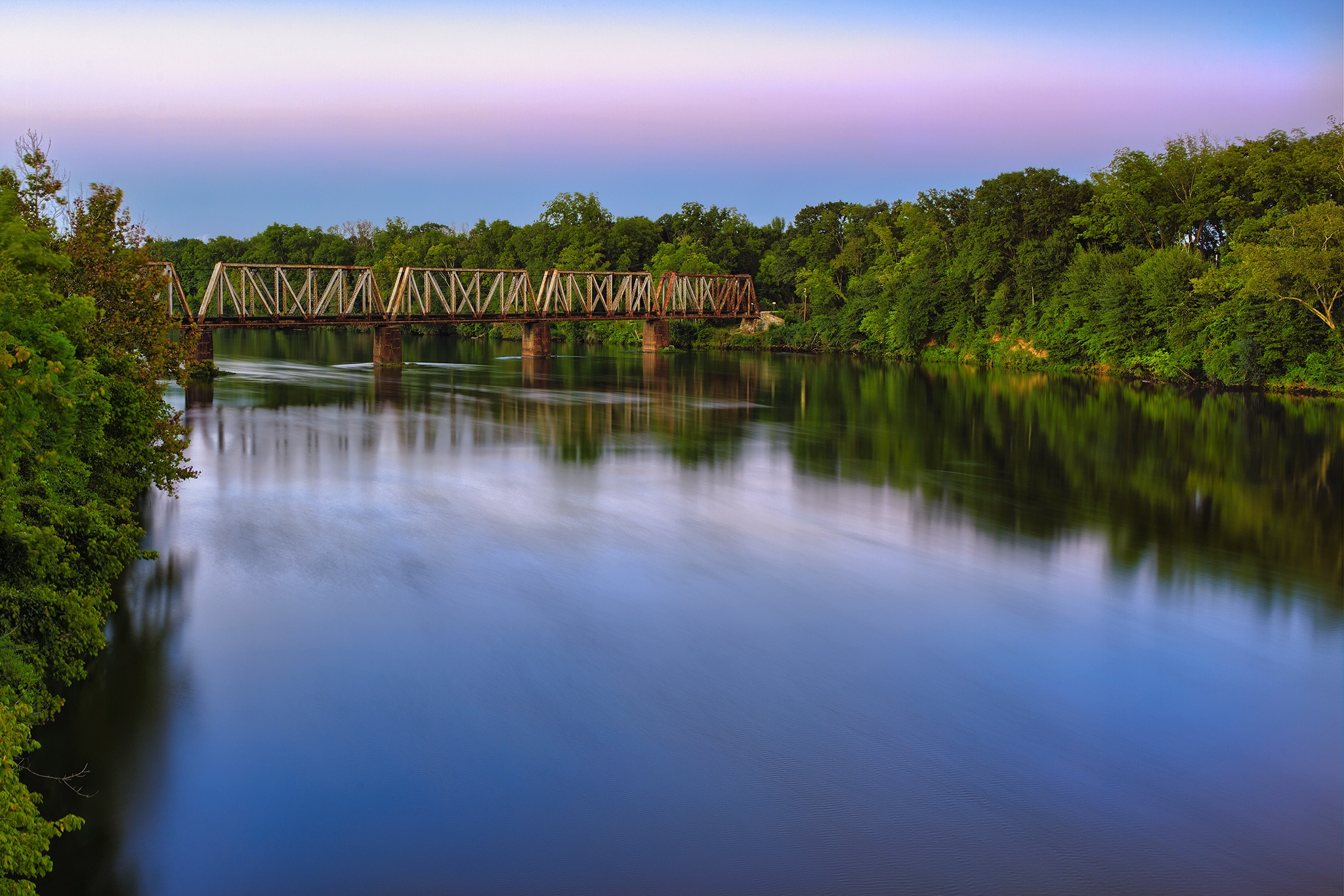 nature, rivers, trees, sky, lilac, clouds, smooth, surface, bridge, colors, color, design, construction